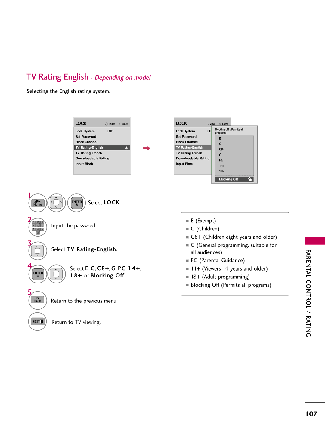 LG Electronics 42PT200 TV Rating English Depending on model, Selecting the English rating system, Select TV Rating-English 