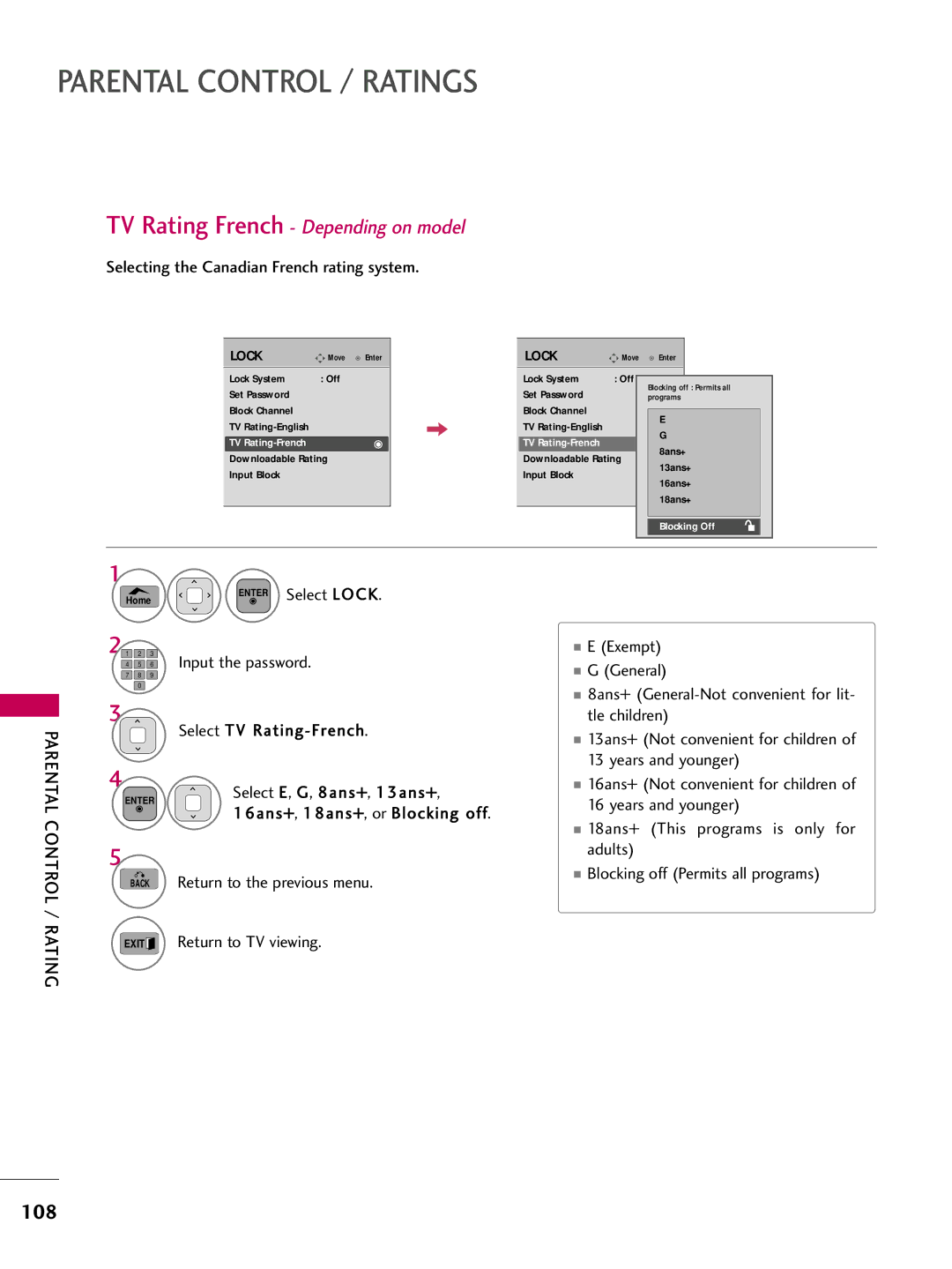 LG Electronics 42PT200 owner manual Selecting the Canadian French rating system, TV Rating-French 