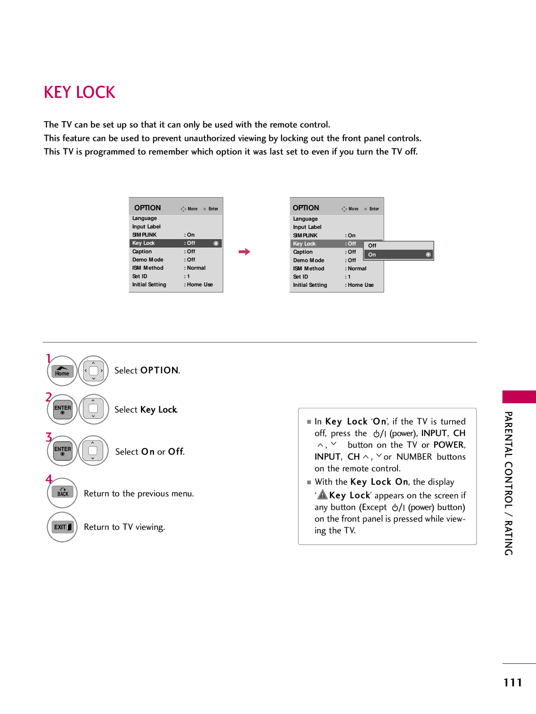 LG Electronics 42PT200 owner manual KEY Lock, Key Lock Off 