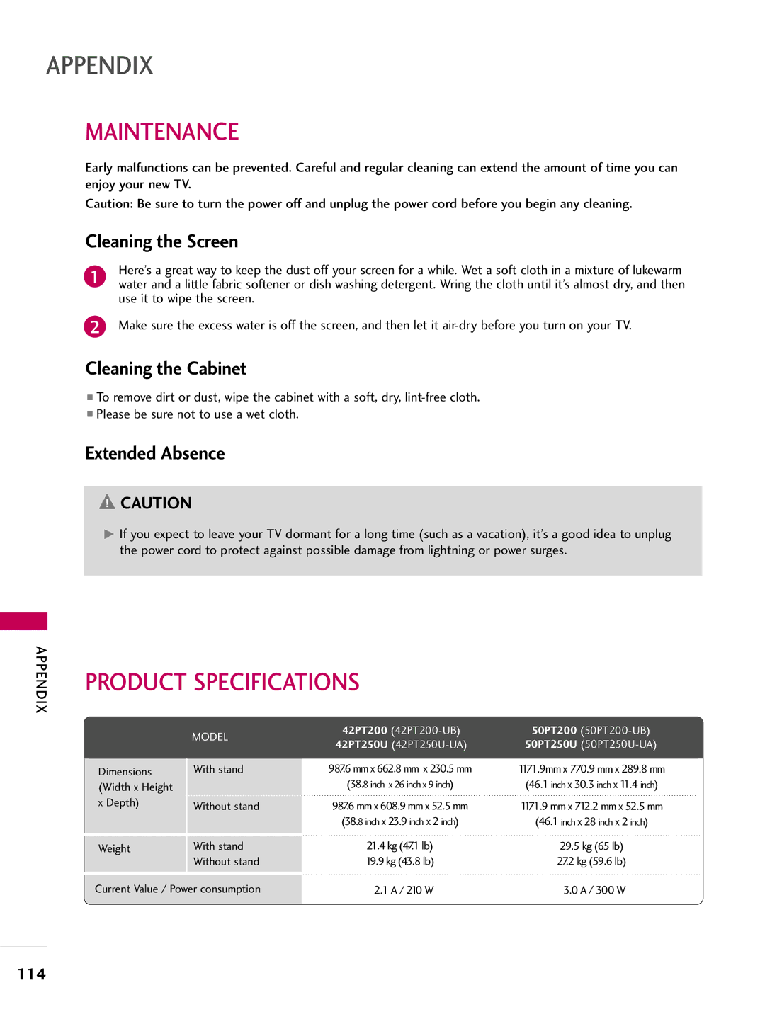 LG Electronics 42PT200 Maintenance, Product Specifications, Cleaning the Screen, Cleaning the Cabinet, Extended Absence 