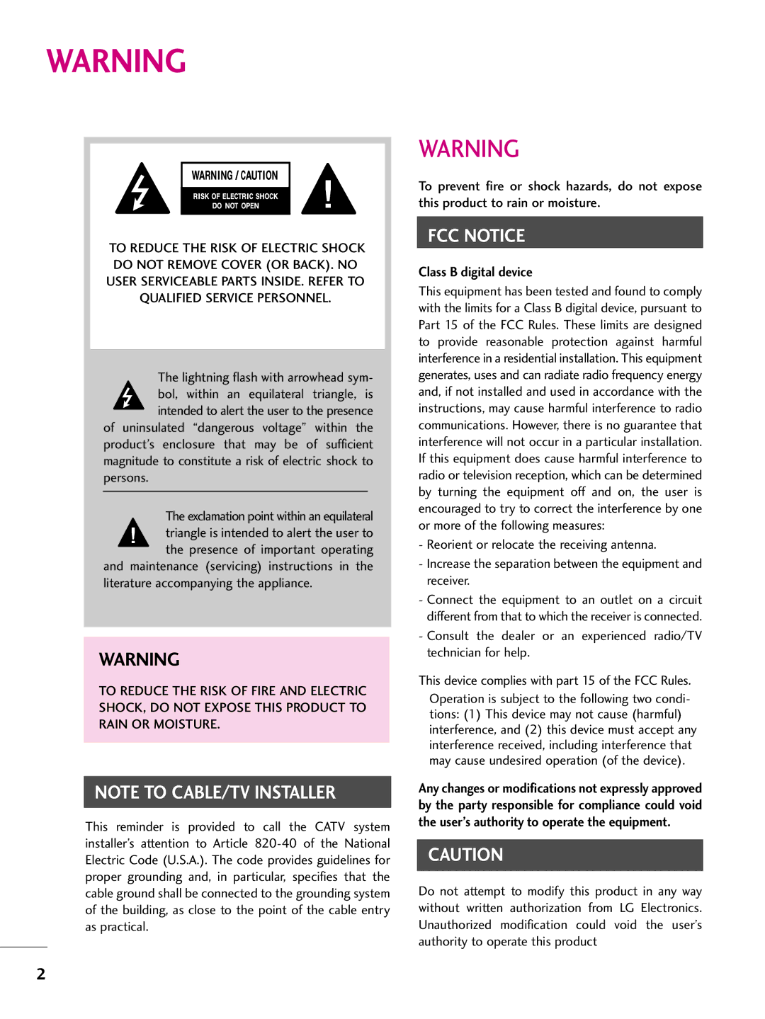 LG Electronics 42PT200 owner manual FCC Notice 