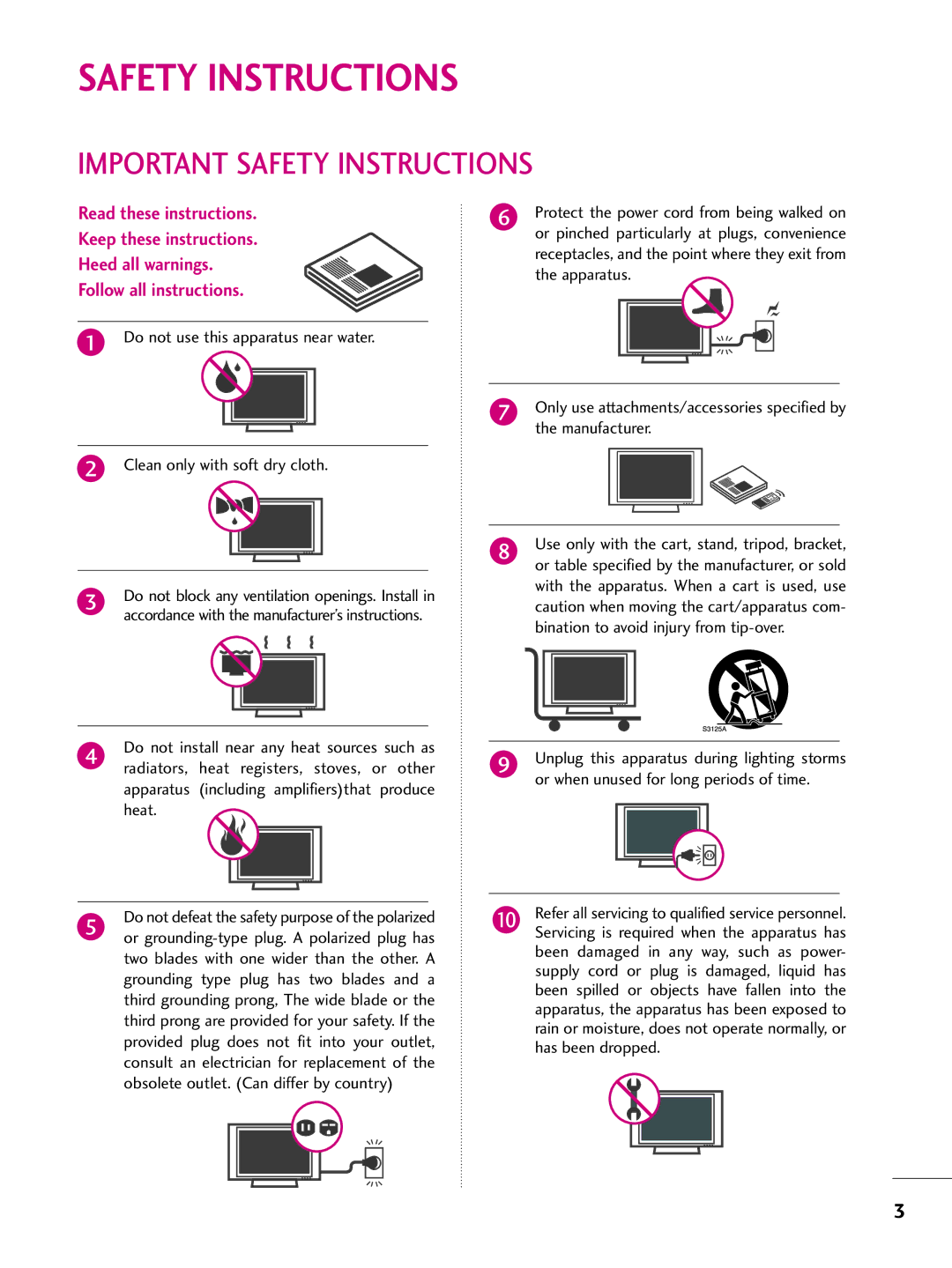 LG Electronics 42PT200 owner manual Important Safety Instructions, Do not defeat the safety purpose of the polarized 