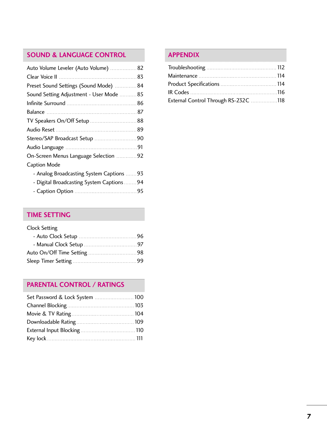 LG Electronics 42PT200 owner manual Auto Volume Leveler Auto Volume, Clock Setting, External Control Through RS-232C 