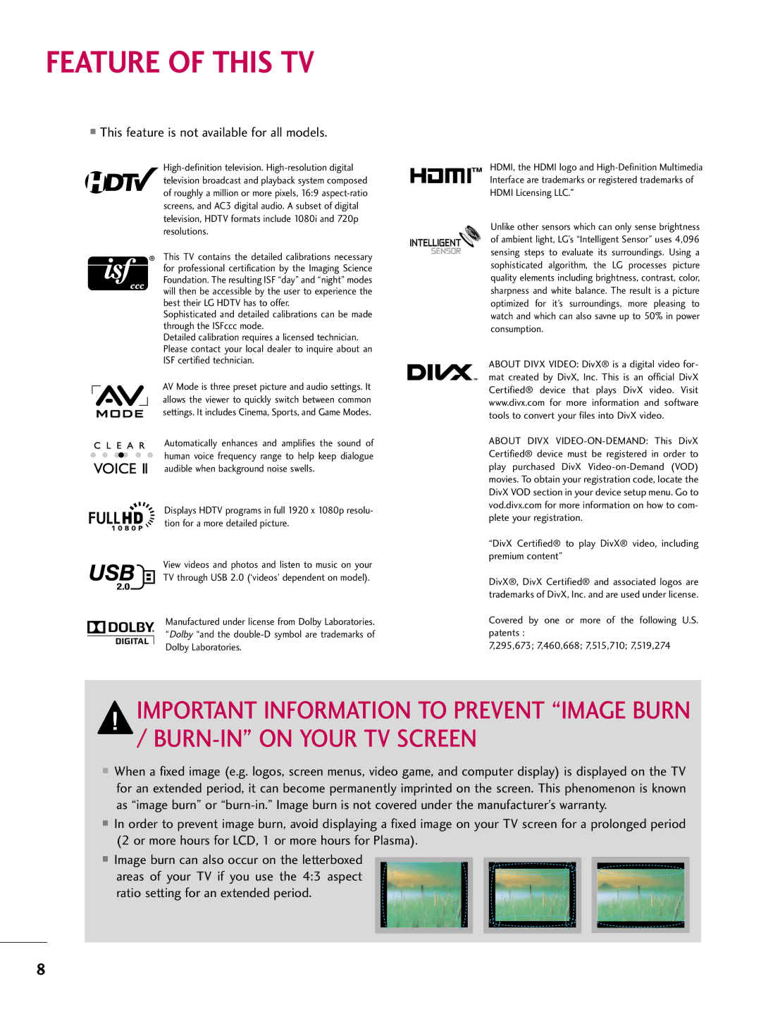 LG Electronics 42PT200 owner manual BURN-IN on Your TV Screen, This feature is not available for all models 