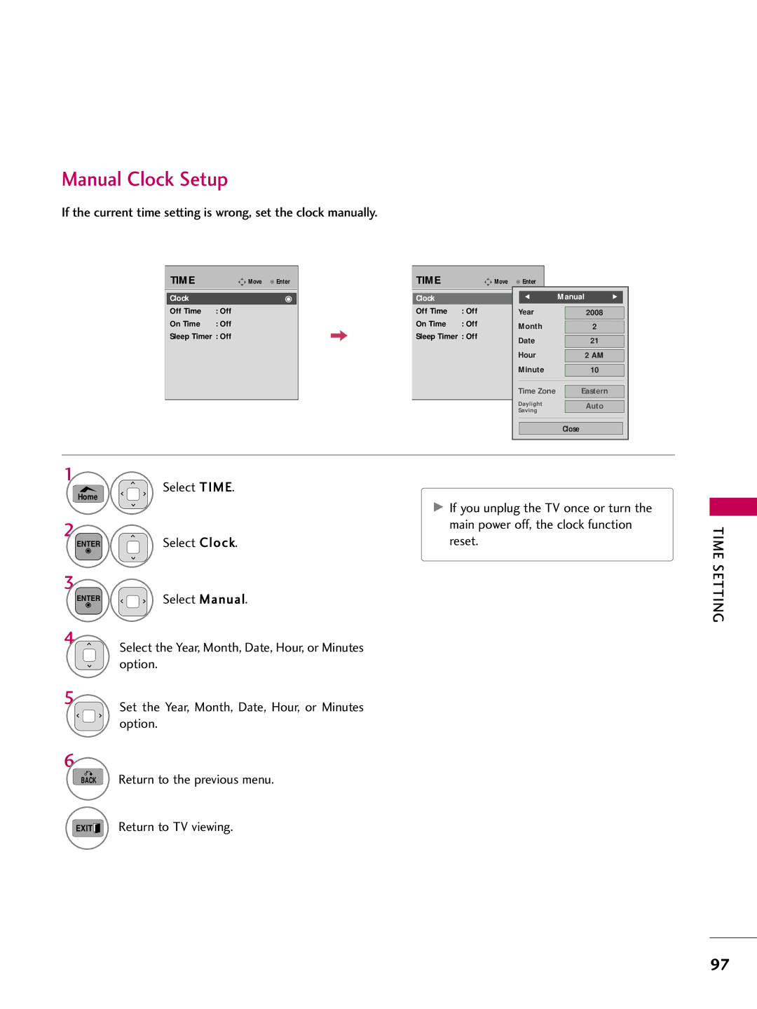 LG Electronics 42PT200 owner manual Manual Clock Setup 