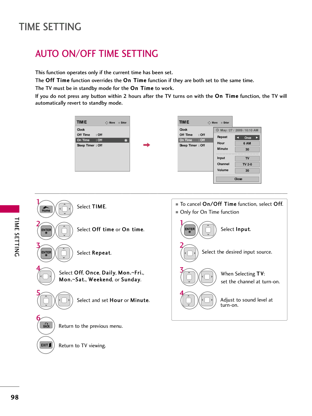 LG Electronics 42PT200 owner manual Auto ON/OFF Time Setting, Enter Select Off time or On time, On Time Off, Once G 