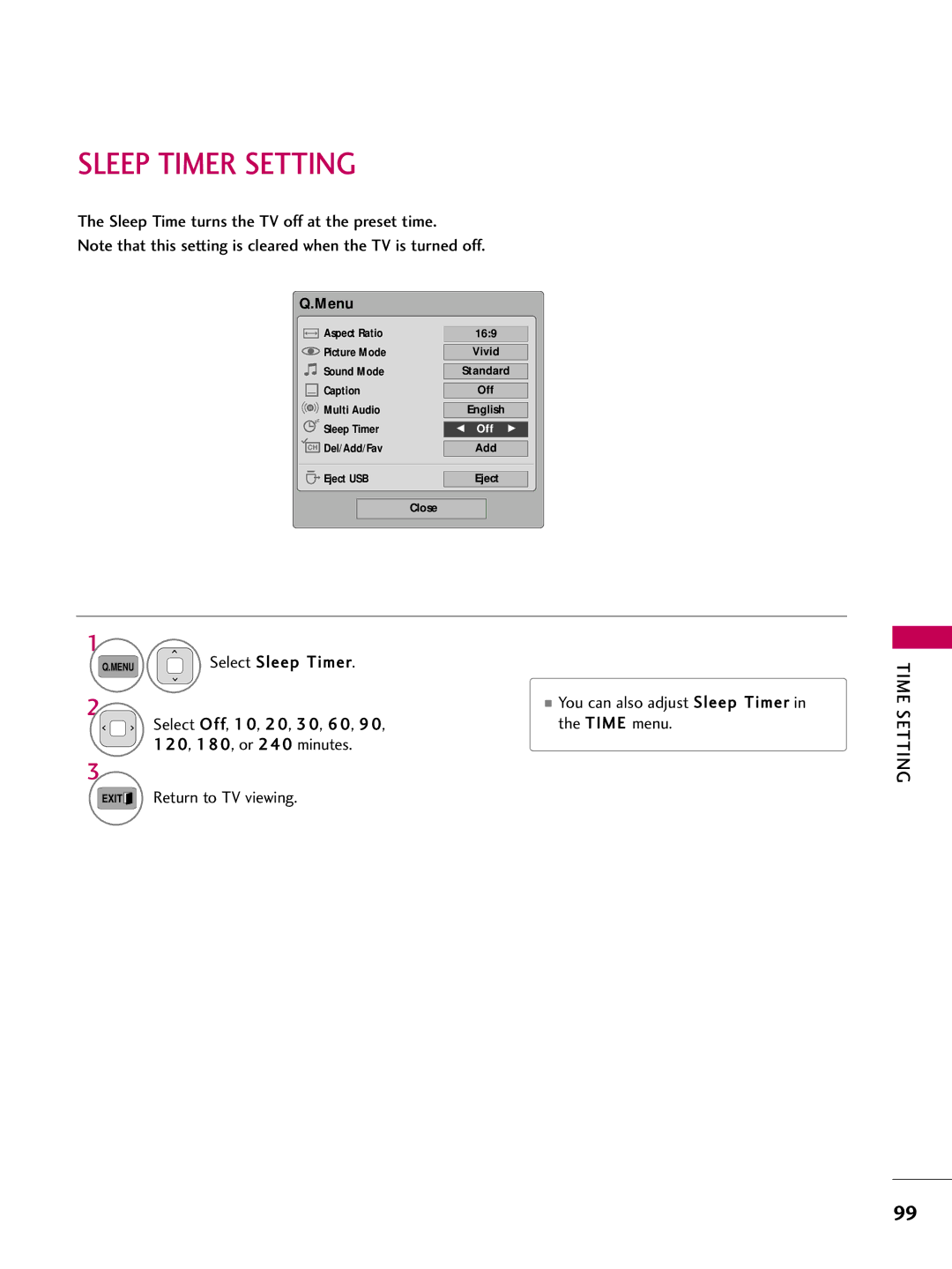 LG Electronics 42PT200 owner manual Sleep Timer Setting, Sleep Time turns the TV off at the preset time, Select Sleep Timer 