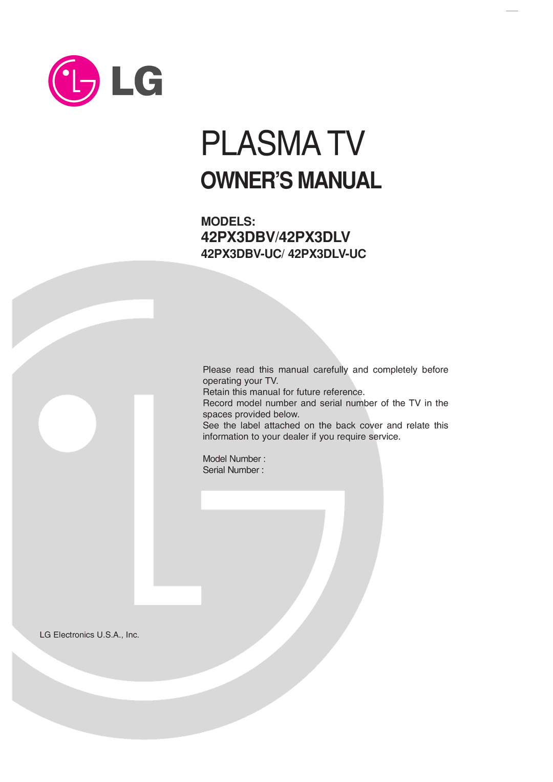 LG Electronics 42PX3DBV-UC, 42PX3DLV-UC owner manual Plasma TV, LG Electronics U.S.A., Inc 