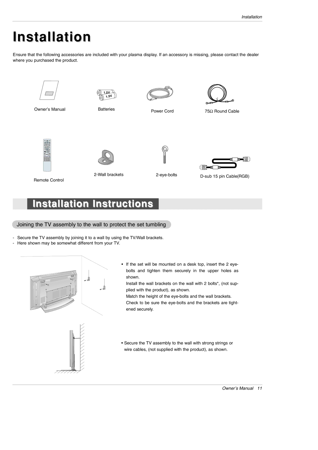 LG Electronics 42PX3DBV-UC, 42PX3DLV-UC owner manual Installation Instructions 