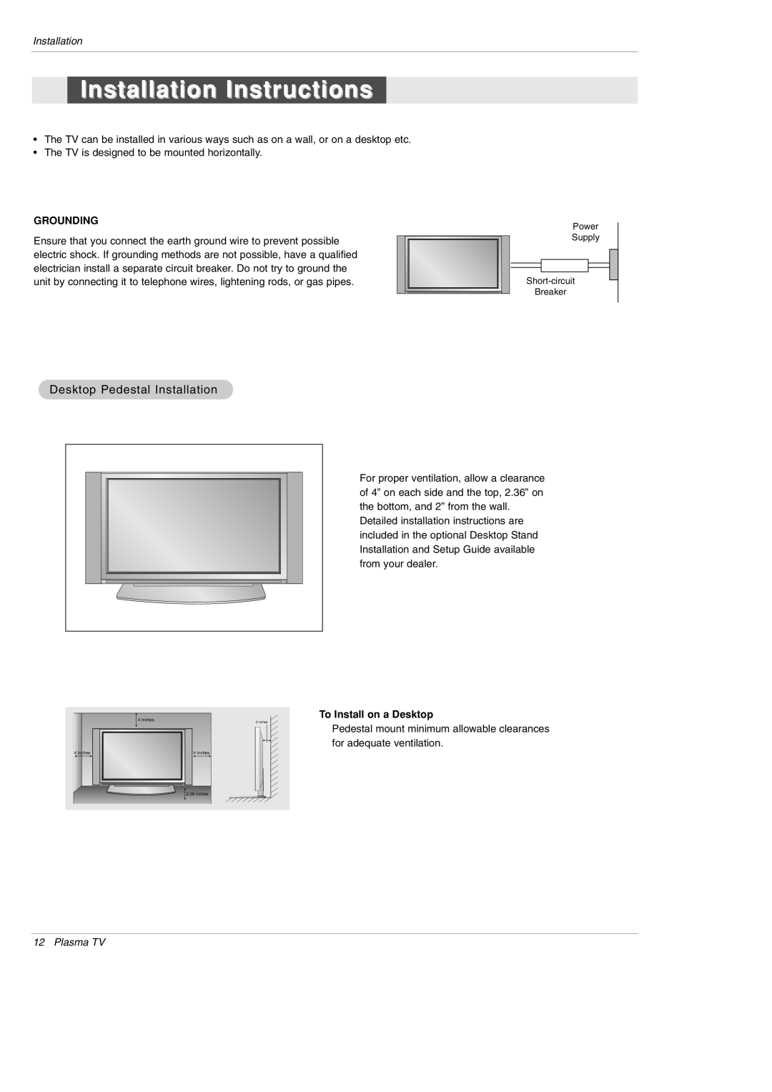 LG Electronics 42PX3DBV-UC, 42PX3DLV-UC owner manual Desktop Pedestal Installation, To Install on a Desktop 