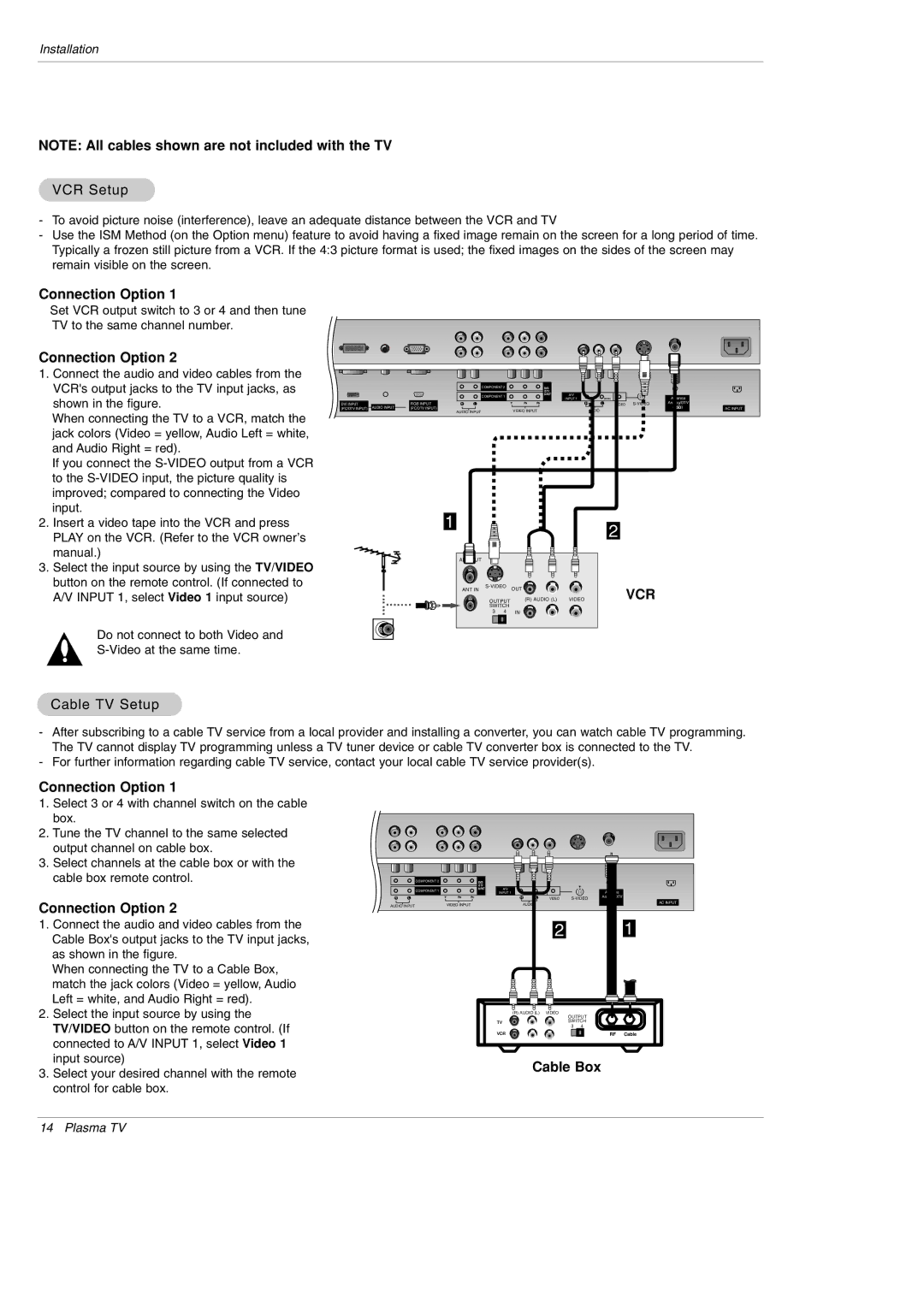 LG Electronics 42PX3DLV-UC, 42PX3DBV-UC owner manual VCR Setup, Connection Option, Cable TV Setup, Cable Box 