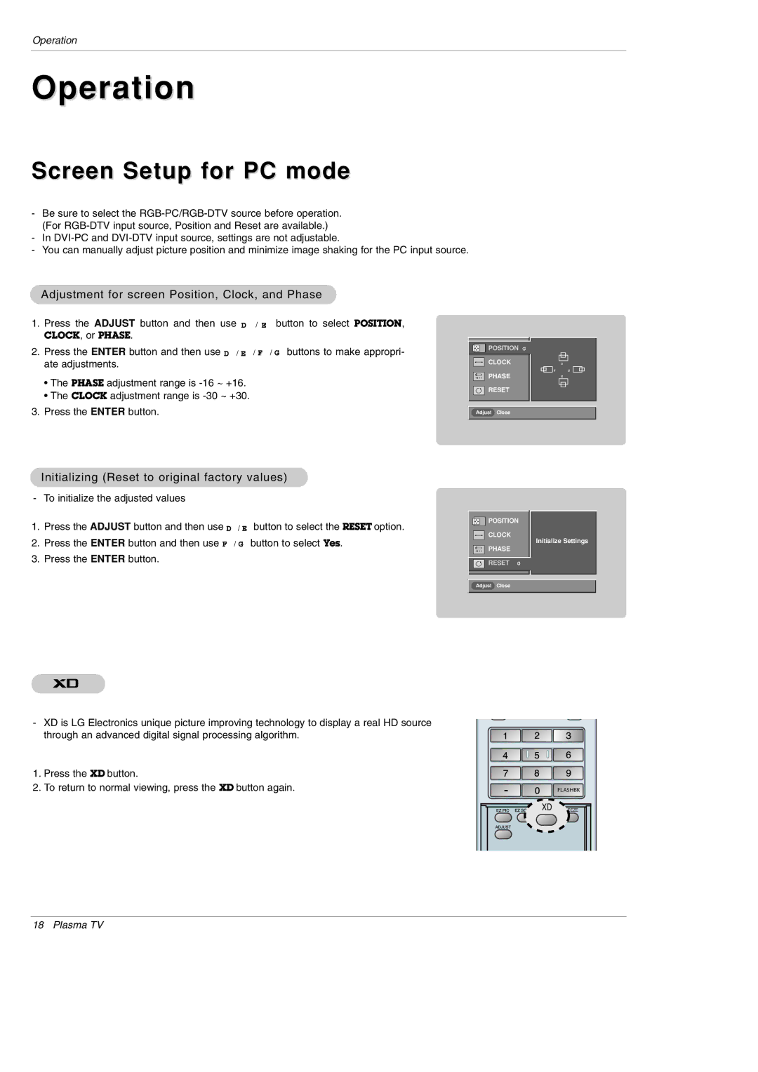 LG Electronics 42PX3DLV-UC, 42PX3DBV Operation, Screen Setup for PC mode, Adjustment for screen Position, Clock, and Phase 