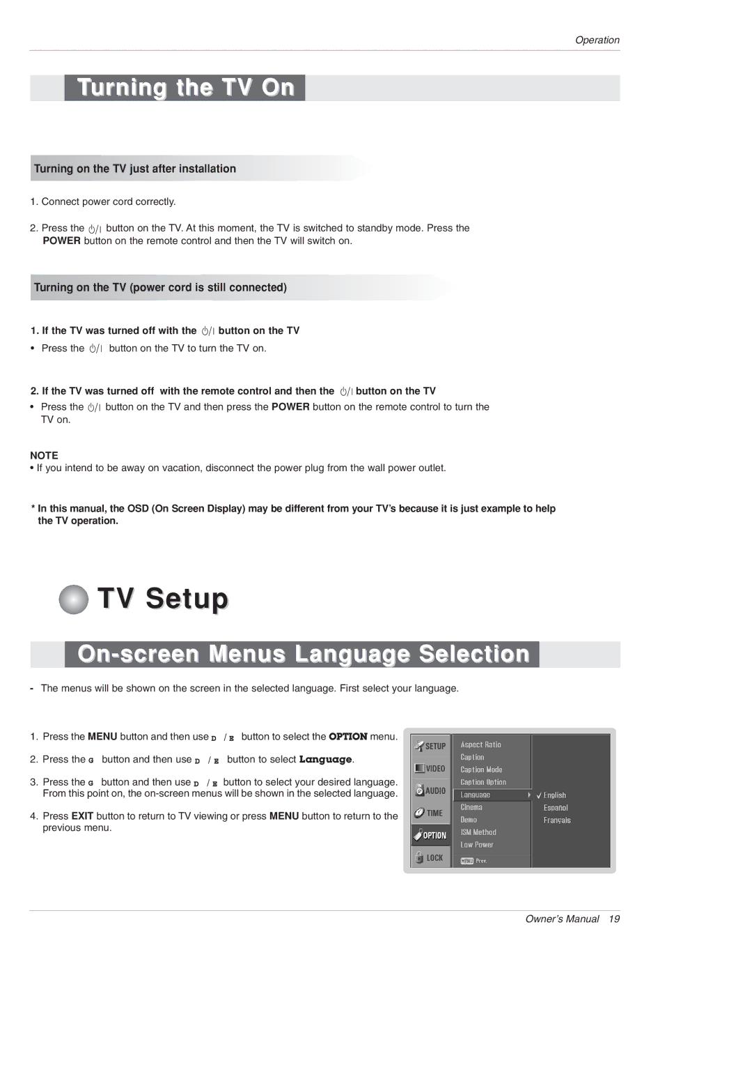 LG Electronics 42PX3DLV Turning the TV On, On-screen Menus Language Selection, Turning on the TV just after installation 