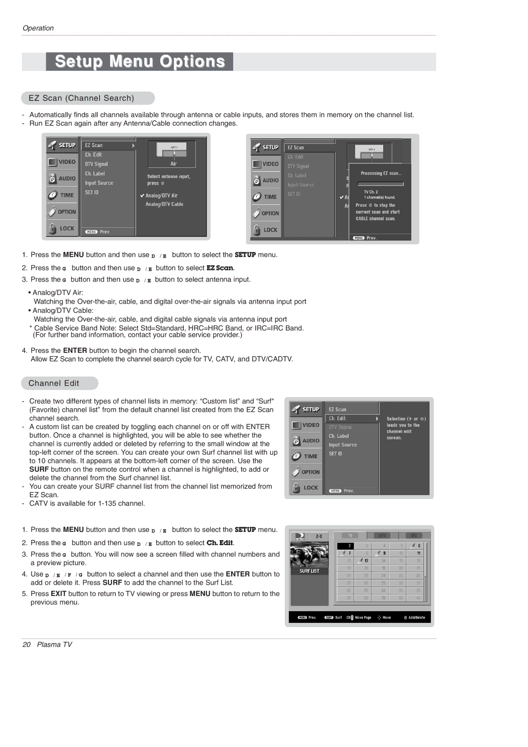 LG Electronics 42PX3DBV-UC, 42PX3DLV-UC owner manual Setup Menu Options, EZ Scan Channel Search, Channel Edit 