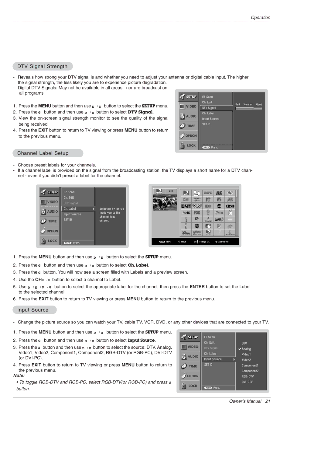 LG Electronics 42PX3DBV-UC, 42PX3DLV-UC owner manual DTV Signal Strength, Channel Label Setup, Input Source 