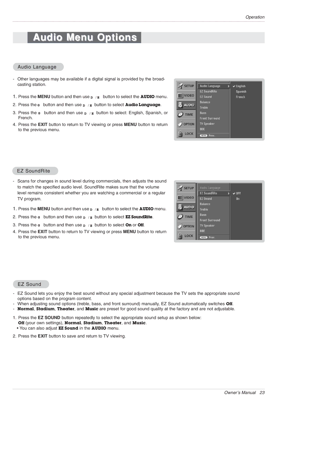 LG Electronics 42PX3DBV-UC, 42PX3DLV-UC owner manual Audio Menu Options, Audio Language, EZ SoundRite 