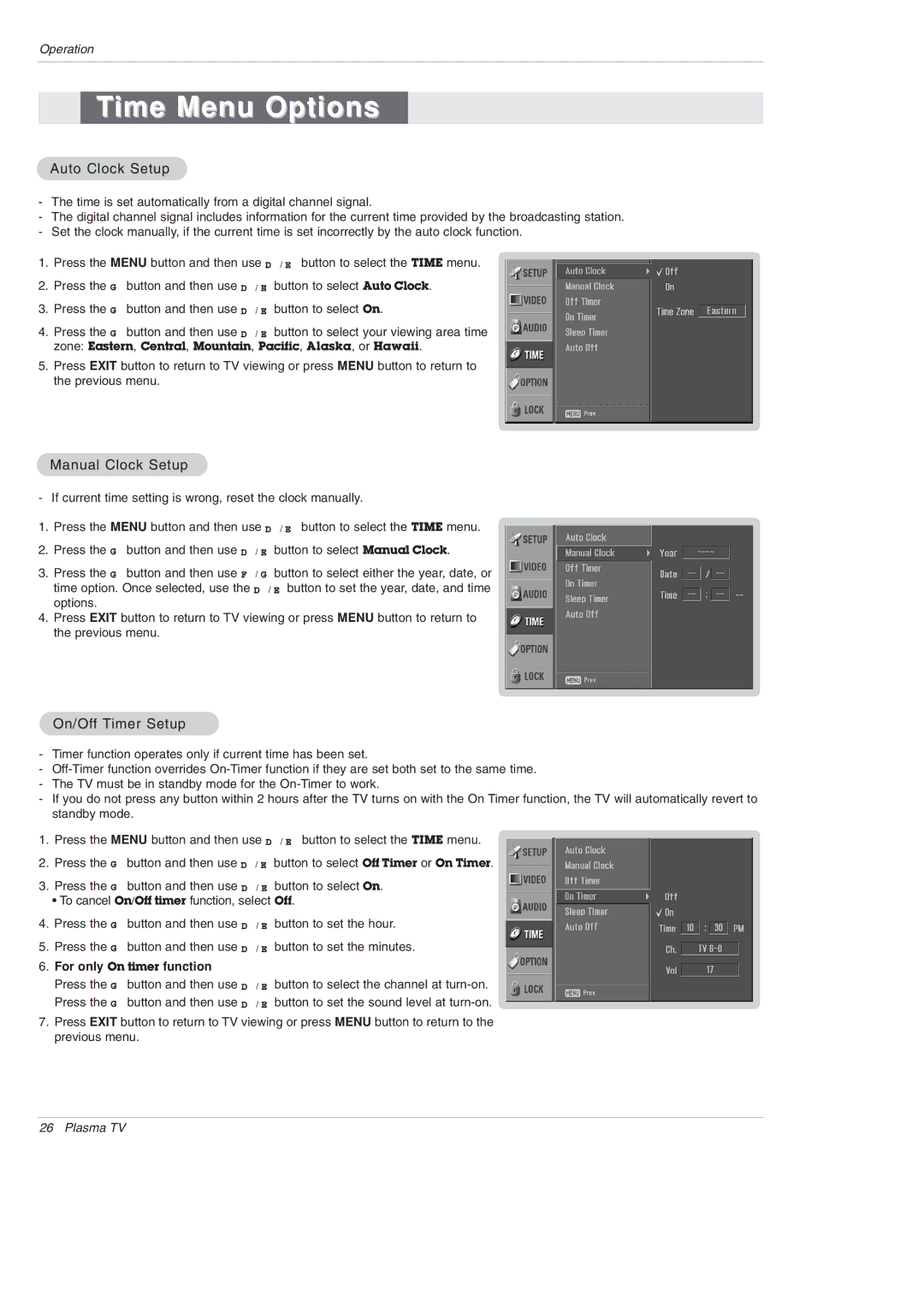 LG Electronics 42PX3DLV-UC, 42PX3DBV Time Menu Options, Auto Clock Setup, Manual Clock Setup, On/Off Timer Setup 