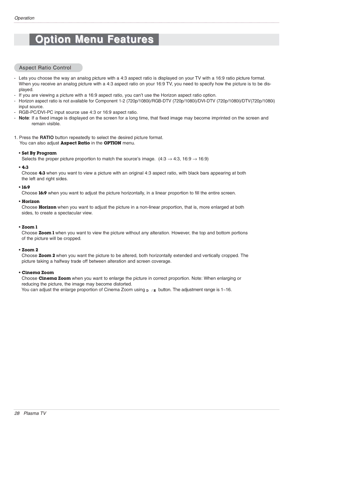 LG Electronics 42PX3DBV-UC, 42PX3DLV-UC owner manual Option Menu Features, Aspect Ratio Control 