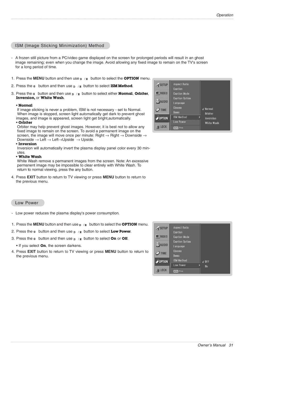 LG Electronics 42PX3DBV-UC, 42PX3DLV-UC owner manual ISM Image Sticking Minimization Method, Low Power 