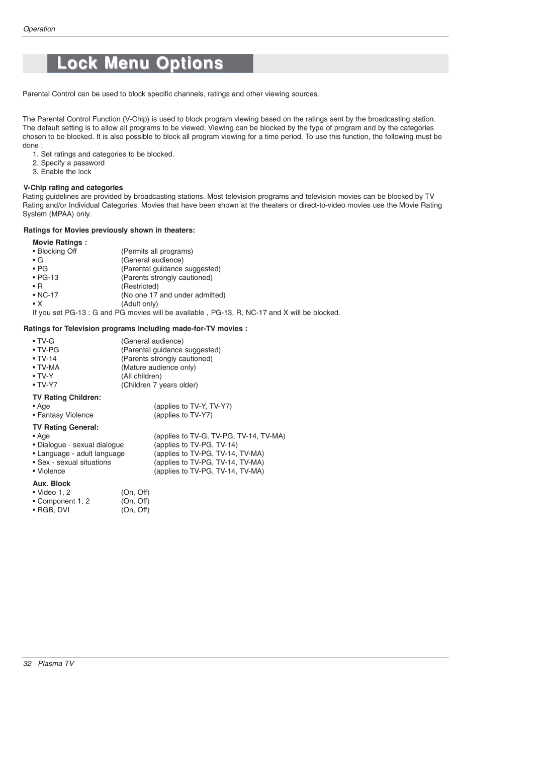 LG Electronics 42PX3DBV Lock Menu Options, Chip rating and categories, TV Rating Children, TV Rating General, Aux. Block 