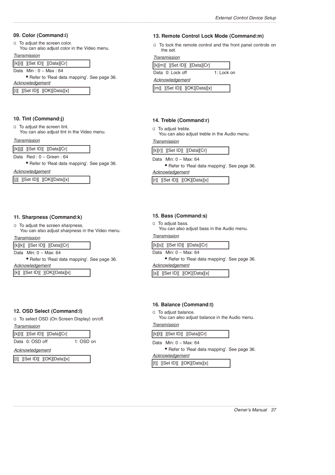 LG Electronics 42PX3DBV-UC, 42PX3DLV-UC Color Commandi, Remote Control Lock Mode Commandm, Tint Commandj, Treble Commandr 