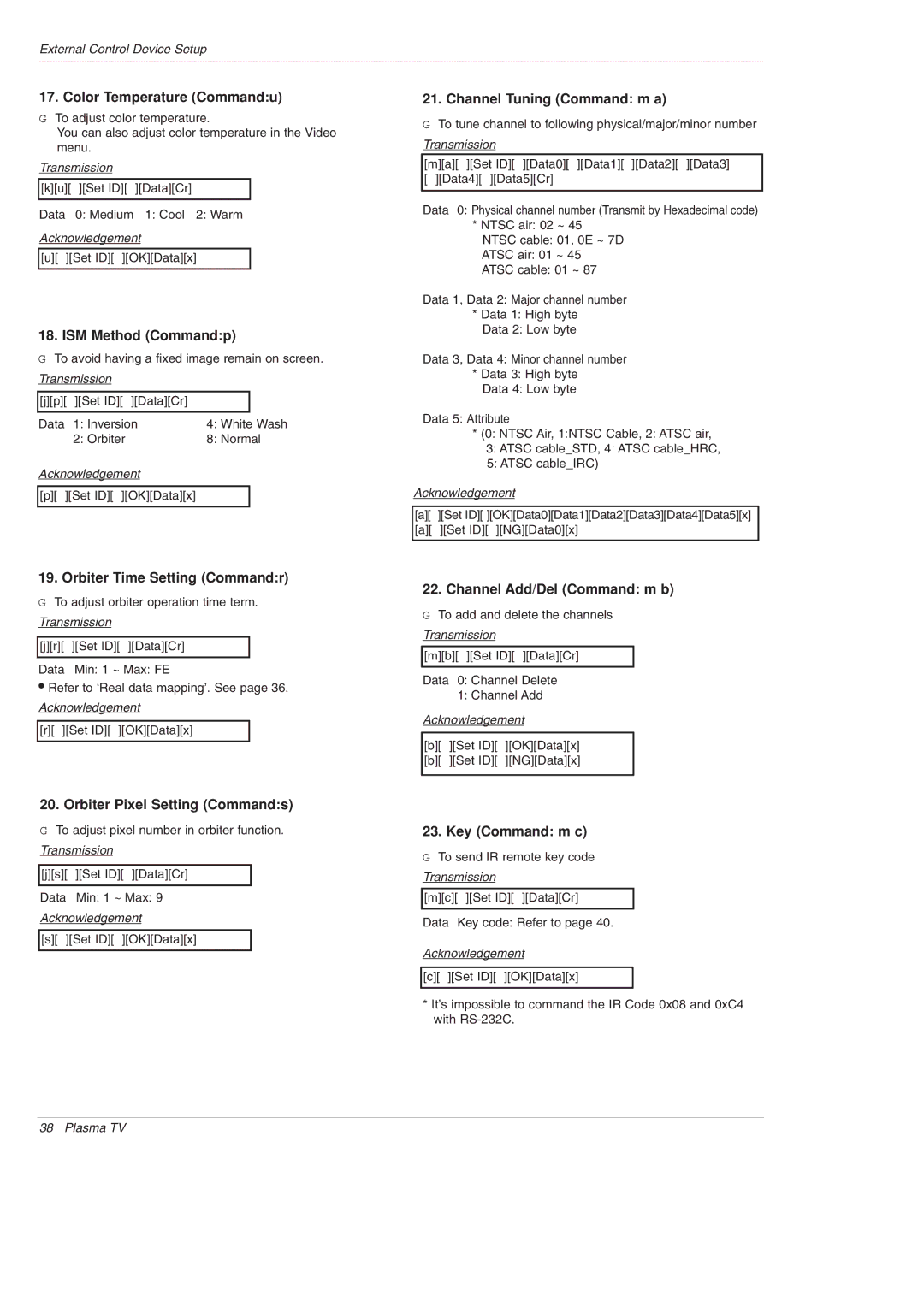 LG Electronics 42PX3DLV-UC Color Temperature Commandu, ISM Method Commandp, Orbiter Time Setting Commandr, Key Command m c 