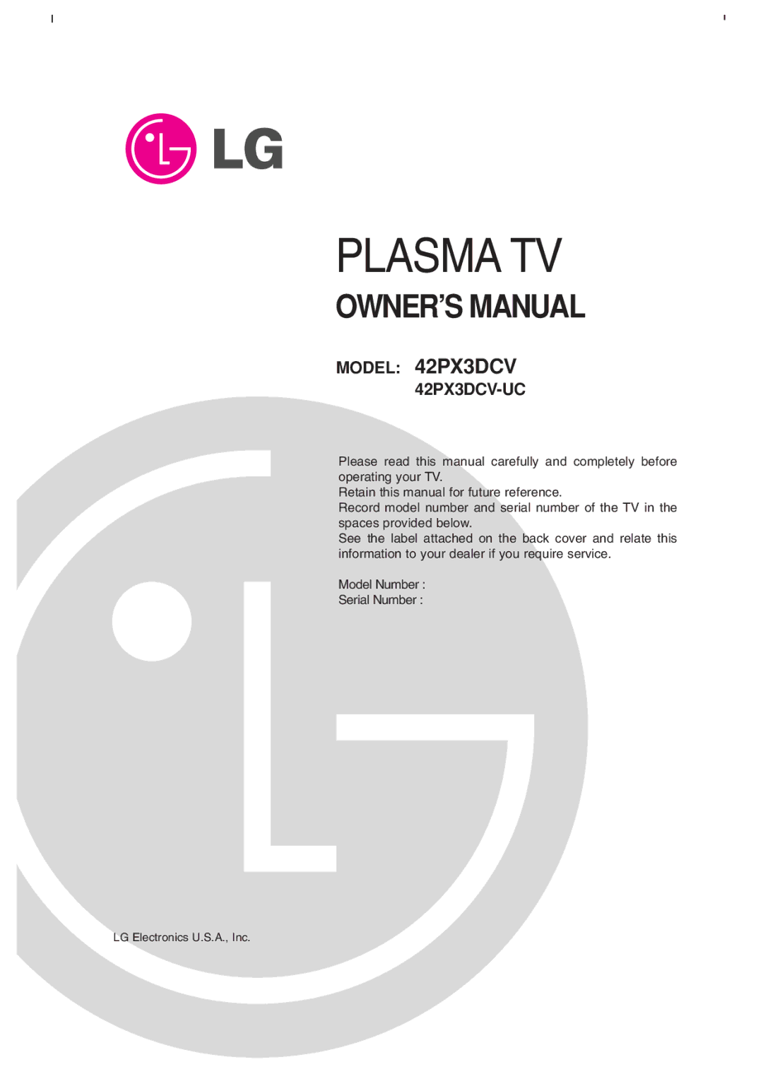 LG Electronics 42PX3DCV-UC owner manual Plasma TV, LG Electronics U.S.A., Inc 