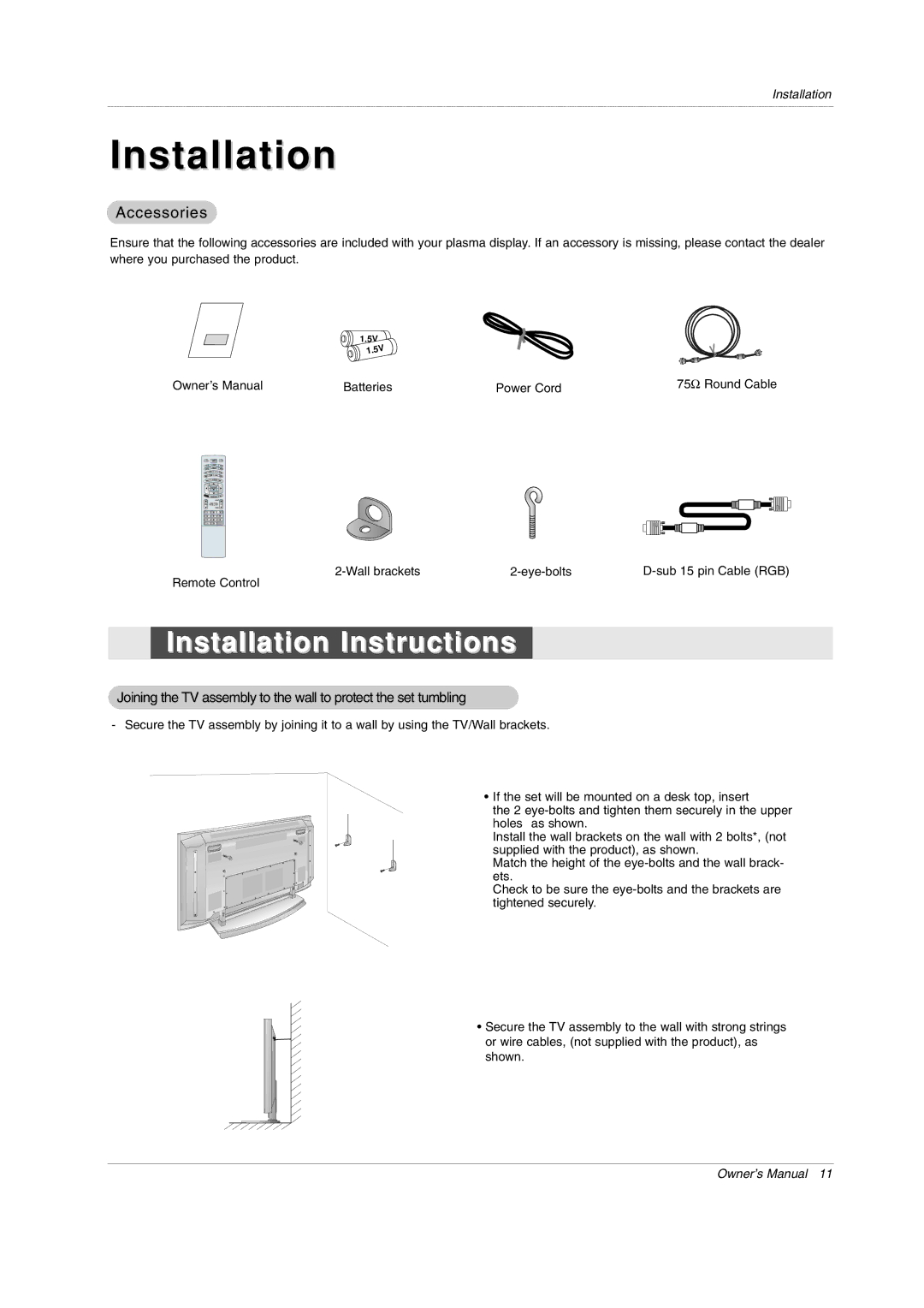 LG Electronics 42PX3DCV-UC owner manual Installation Instructions 