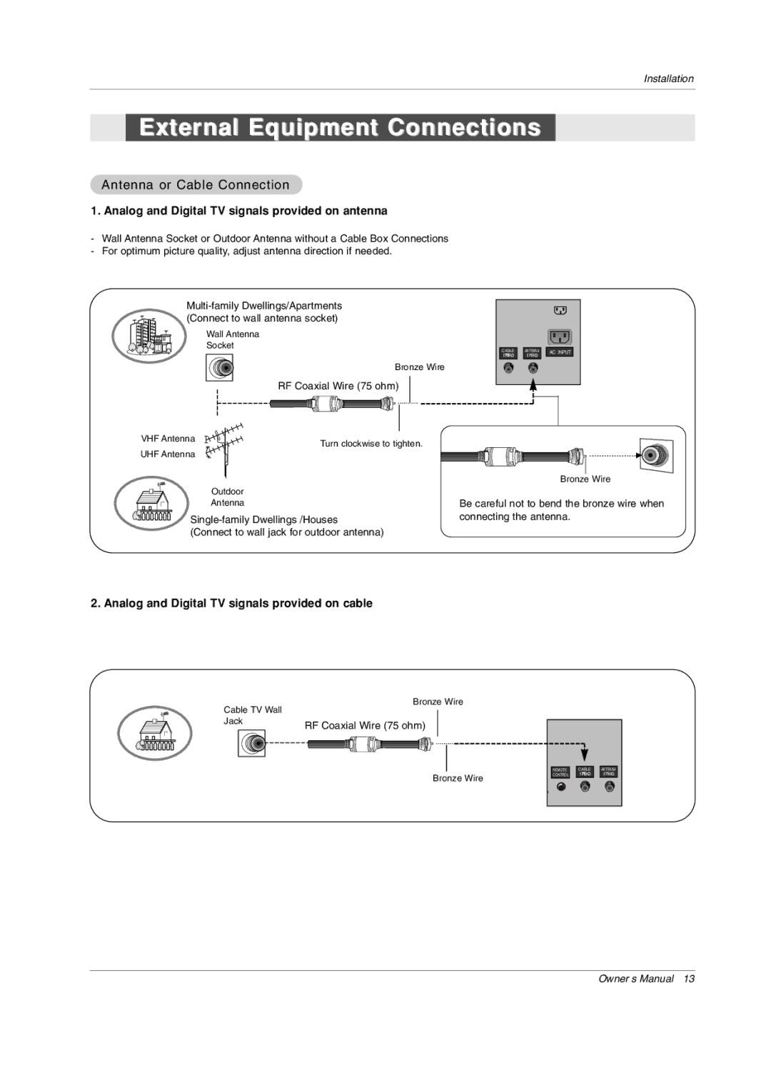 LG Electronics 42PX3DCV-UC owner manual External Equipment Connections, Analog and Digital TV signals provided on antenna 