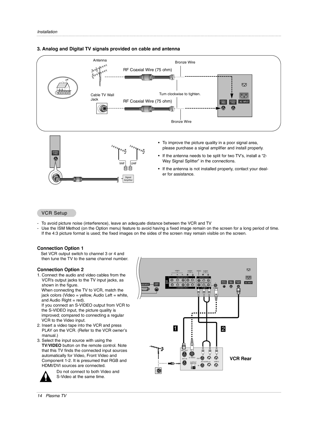 LG Electronics 42PX3DCV Analog and Digital TV signals provided on cable and antenna, VCR Setup, Connection Option 