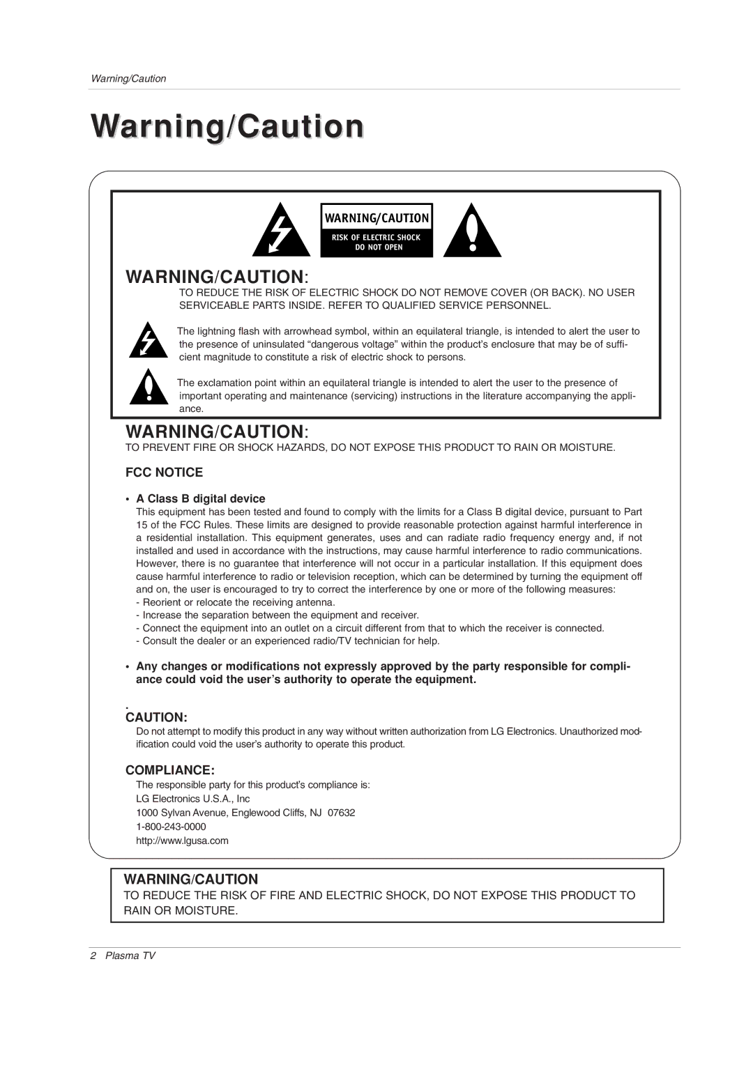 LG Electronics 42PX3DCV-UC owner manual FCC Notice, Class B digital device 