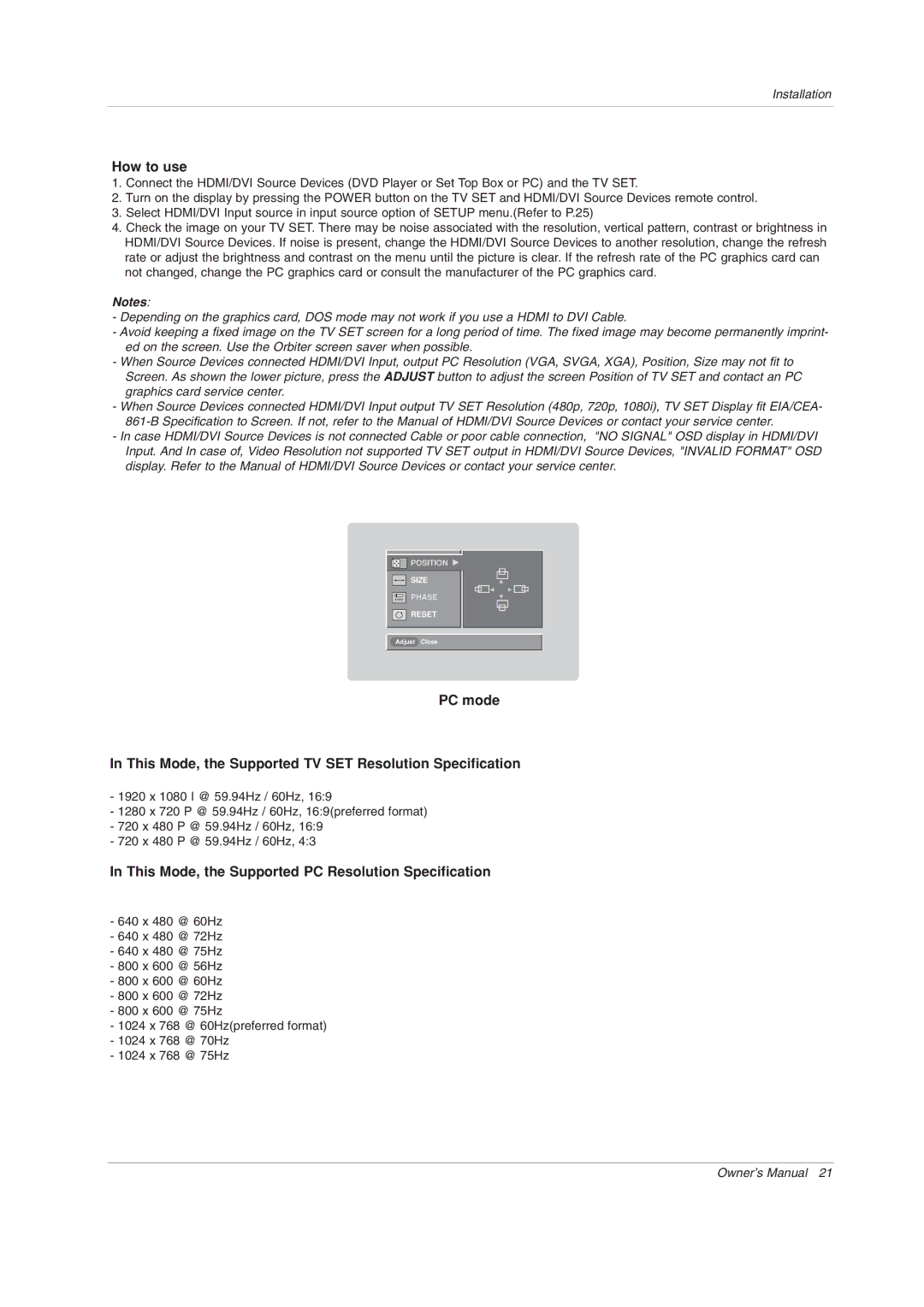 LG Electronics 42PX3DCV-UC owner manual This Mode, the Supported PC Resolution Specification 