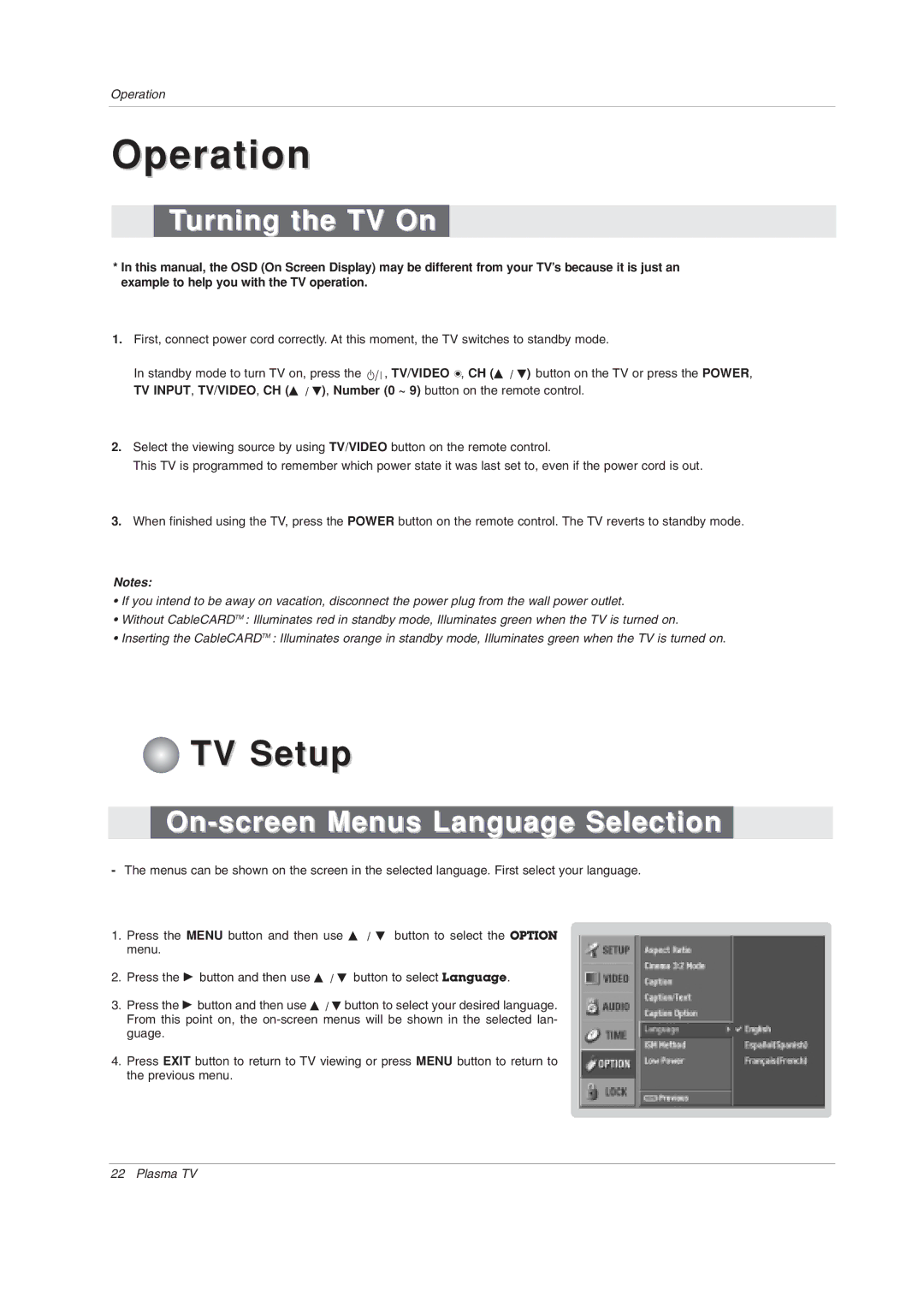 LG Electronics 42PX3DCV-UC owner manual Turning the TV On, On-screen Menus Language Selection 