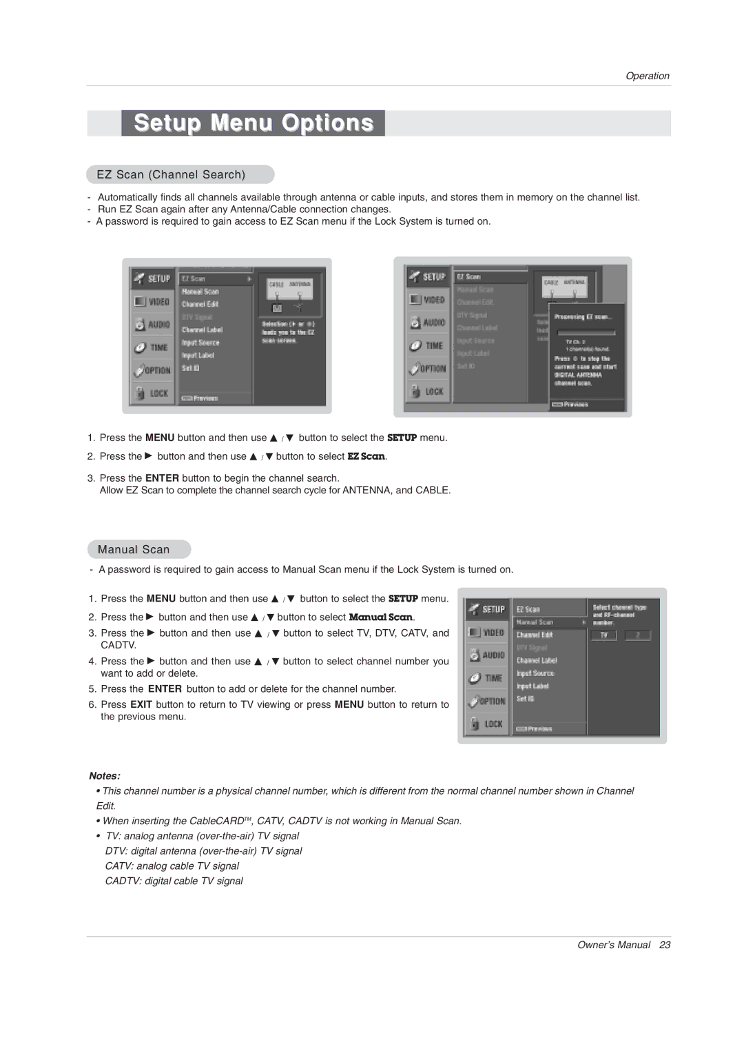 LG Electronics 42PX3DCV-UC owner manual Setup Menu Options, EZ Scan Channel Search, Manual Scan 