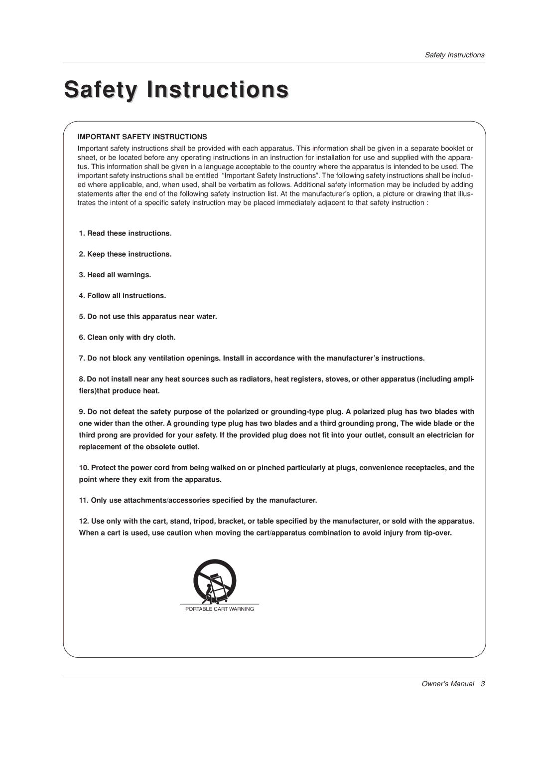 LG Electronics 42PX3DCV-UC owner manual Safety Instructions 