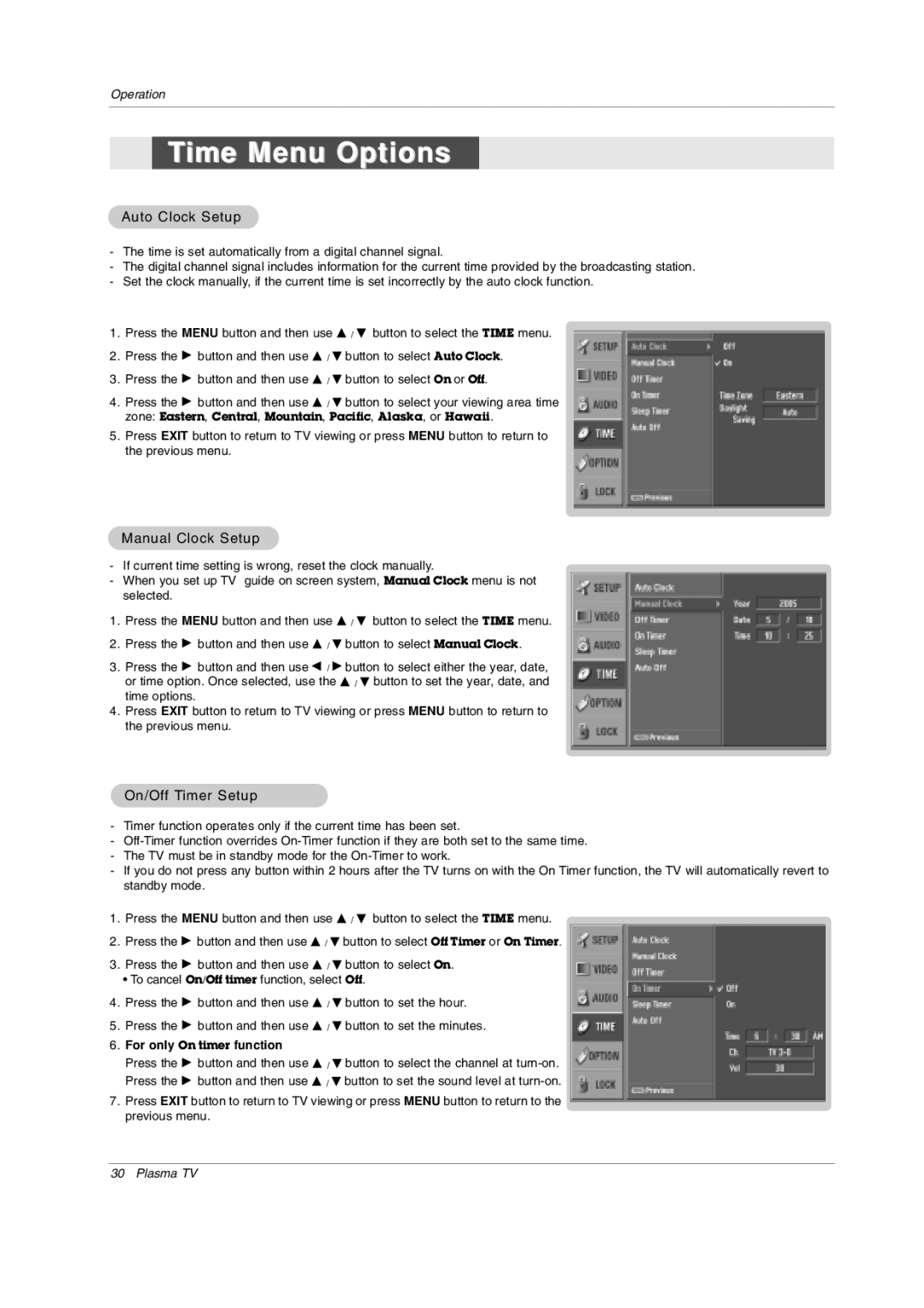 LG Electronics 42PX3DCV-UC owner manual Time Menu Options, Auto Clock Setup, Manual Clock Setup, On/Off Timer Setup 