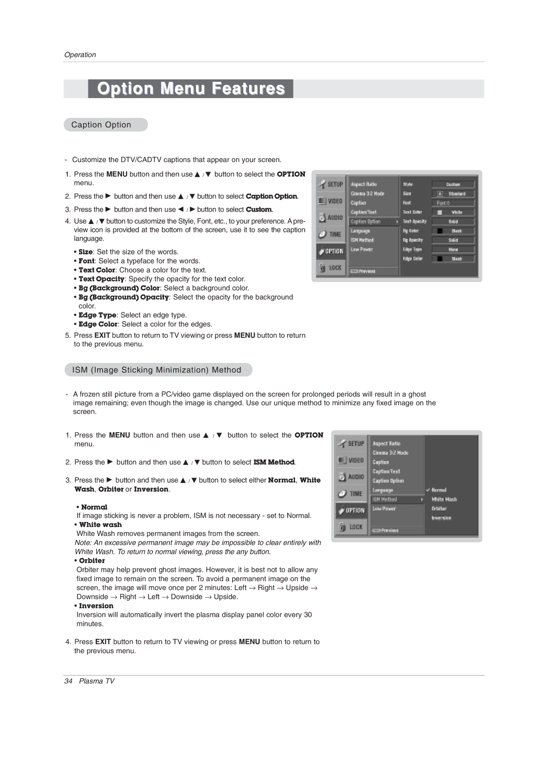 LG Electronics 42PX3DCV-UC owner manual Caption Option, ISM Image Sticking Minimization Method 