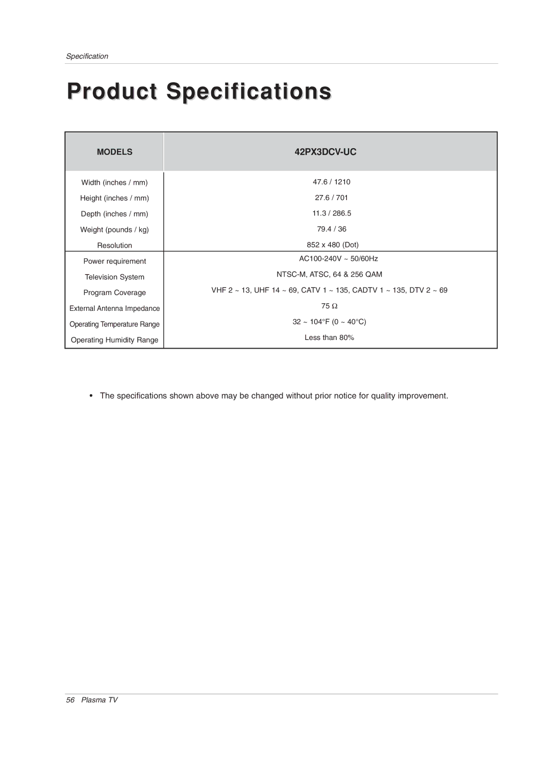 LG Electronics 42PX3DCV-UC owner manual Product Specifications 