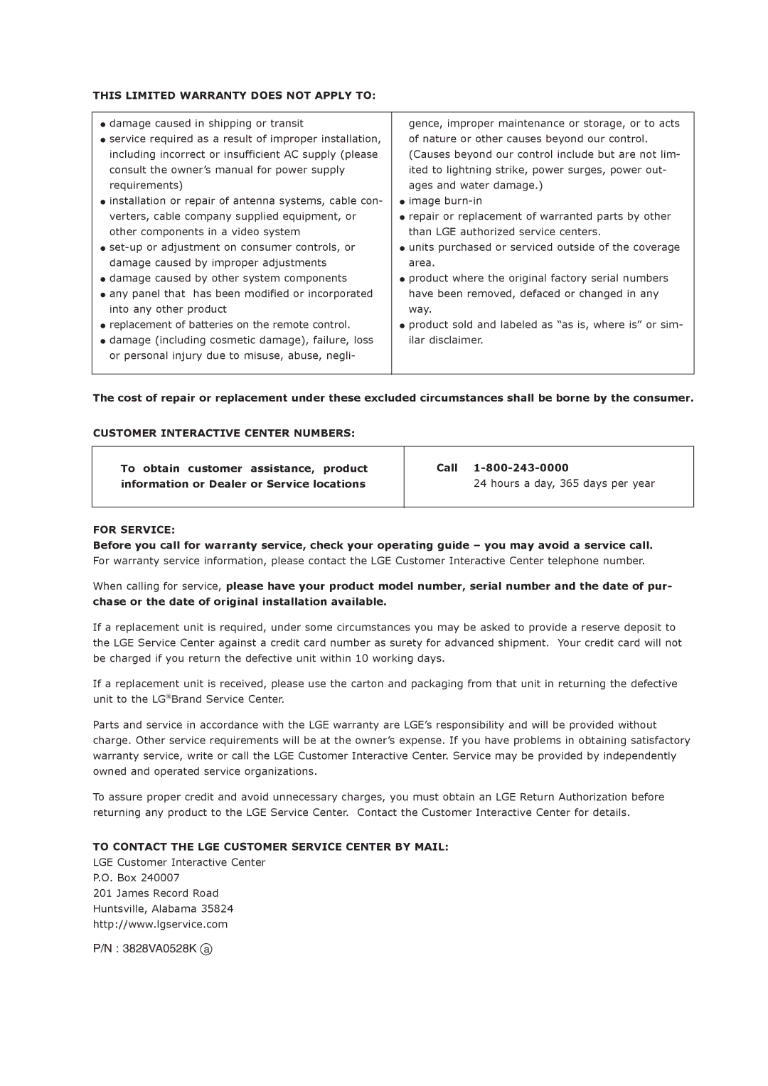 LG Electronics 42PX3DCV-UC owner manual 3828VA0528K a, This Limited Warranty does not Apply to 