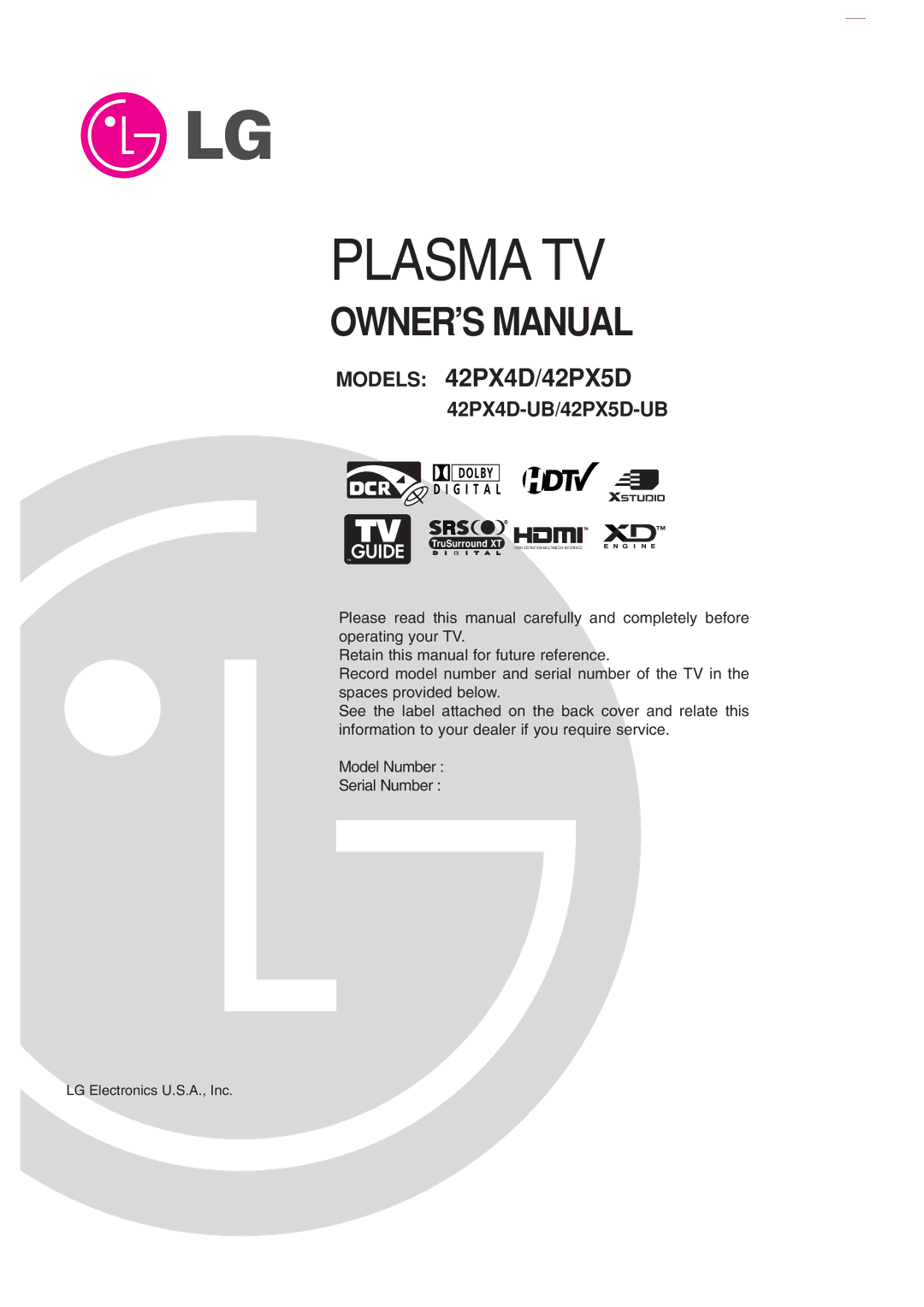 LG Electronics 42PX5D owner manual Plasma TV, LG Electronics U.S.A., Inc 