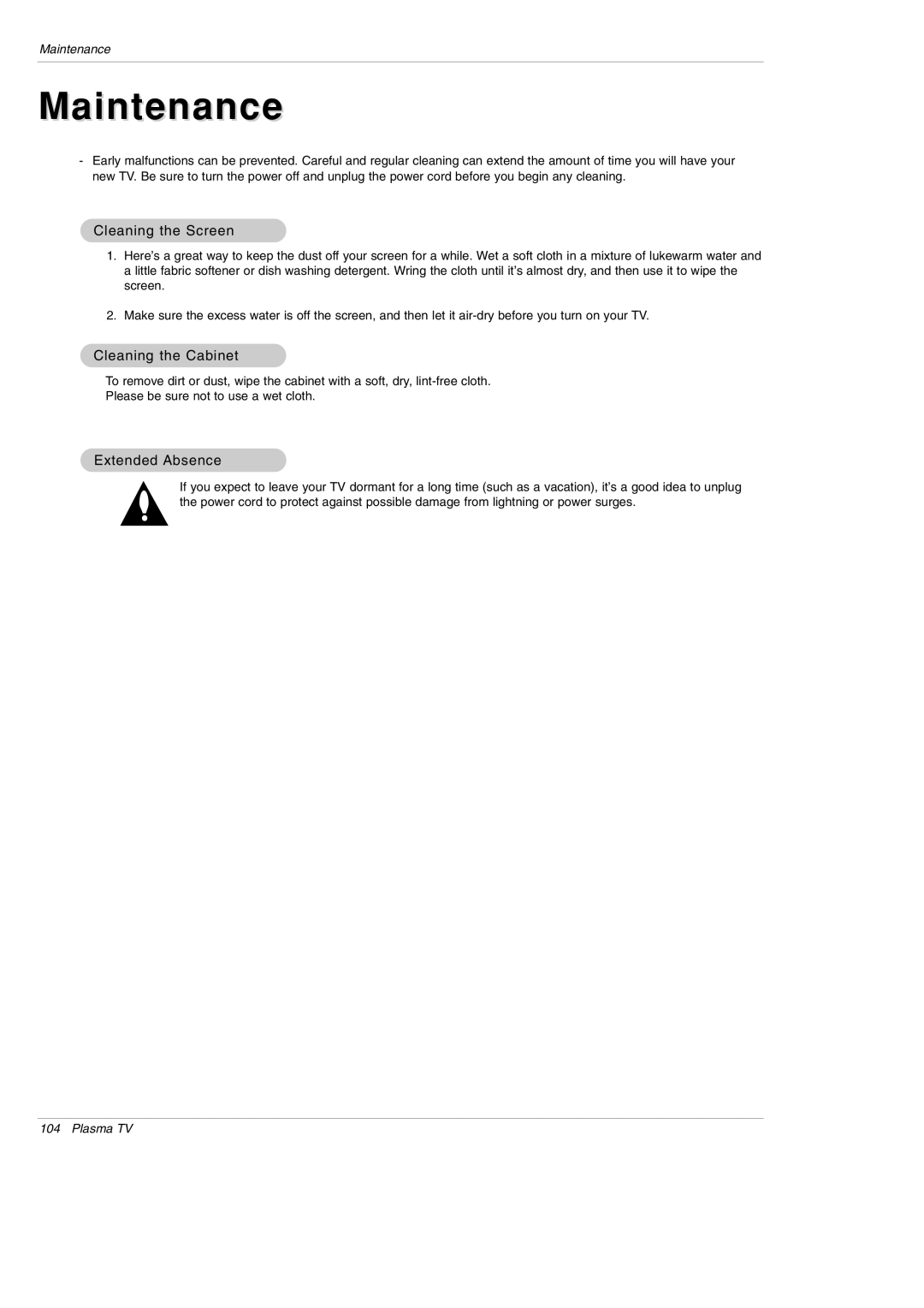 LG Electronics 42PX5D owner manual Cleaning the Screen, Cleaning the Cabinet, Extended Absence 