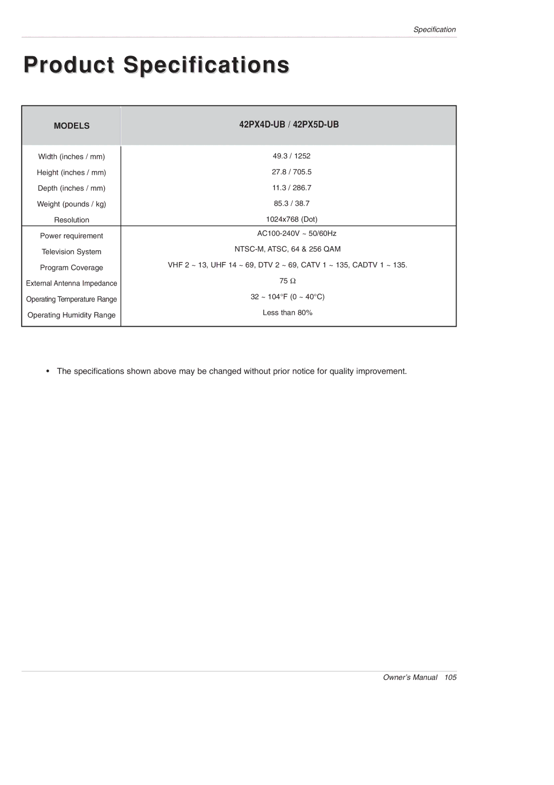 LG Electronics 42PX5D owner manual Product Specifications 