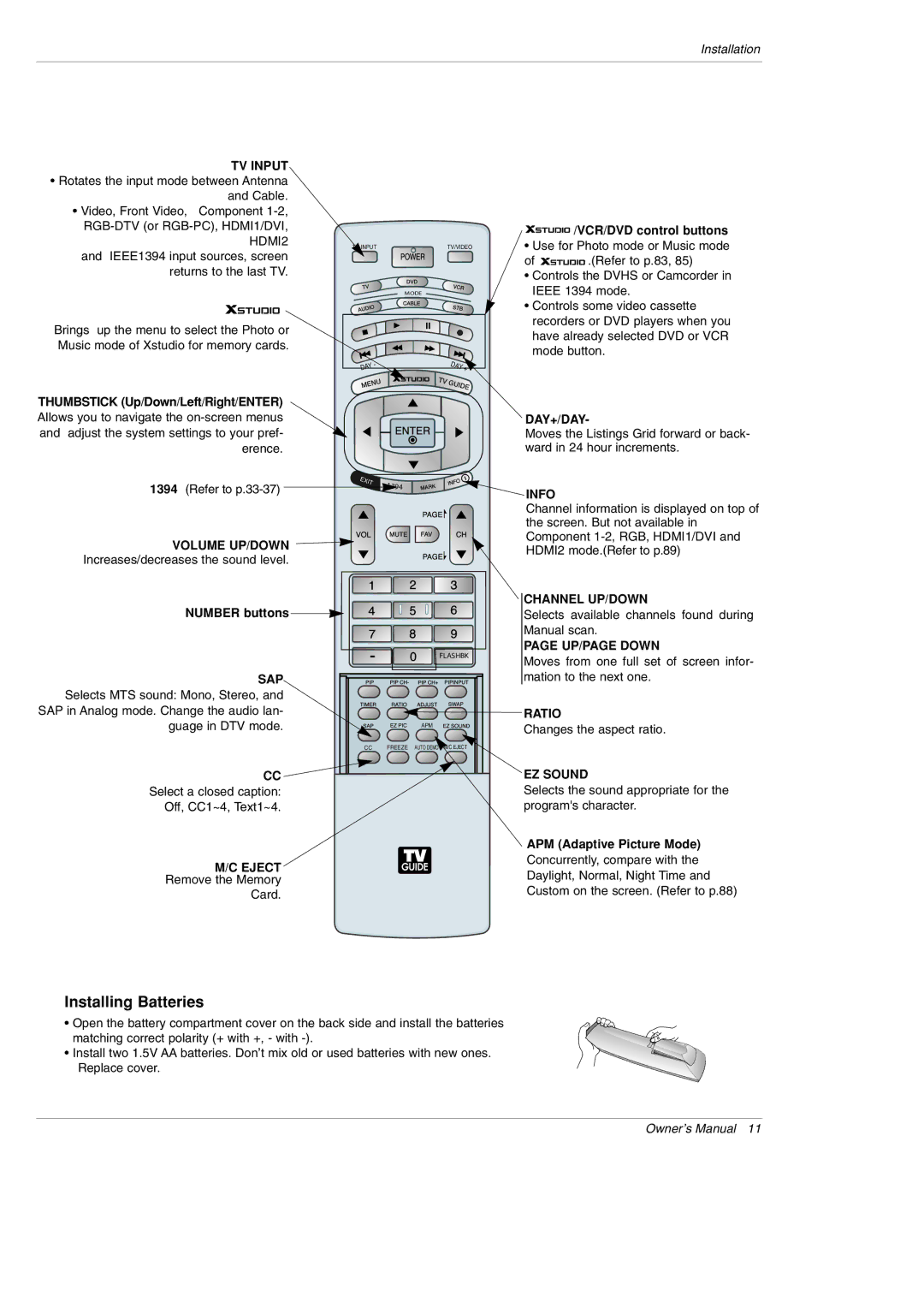 LG Electronics 42PX5D owner manual Thumbstick Up/Down/Left/Right/ENTER, Number buttons, VCR/DVD control buttons 