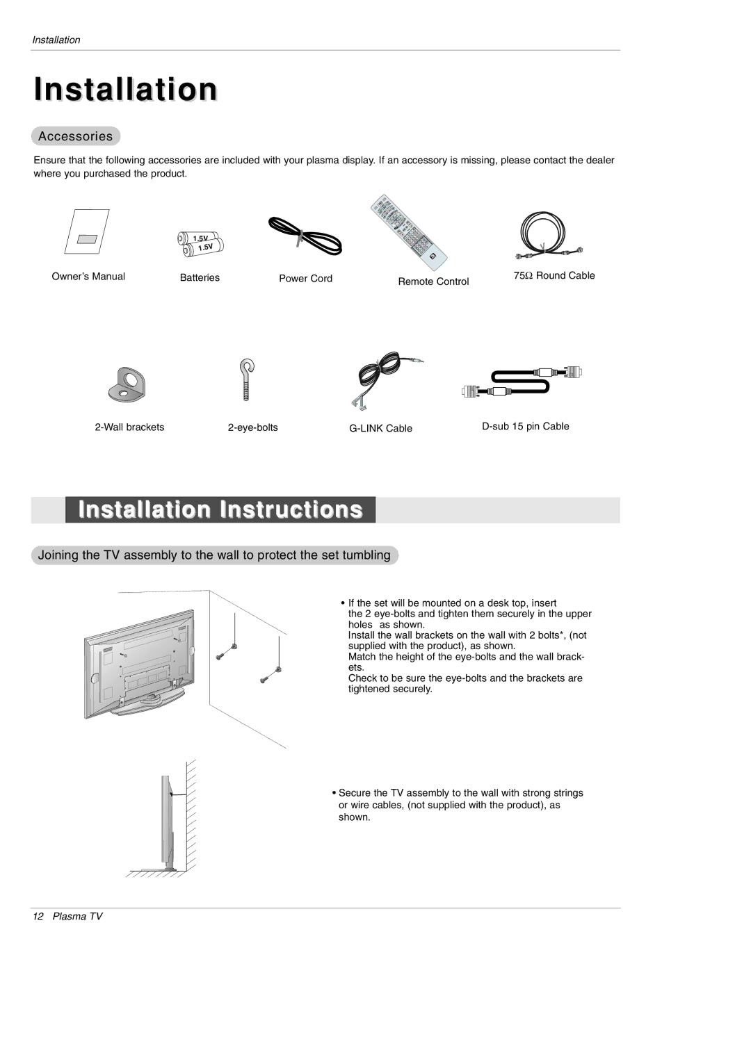 LG Electronics 42PX5D owner manual Installation Instructions, Accessories 