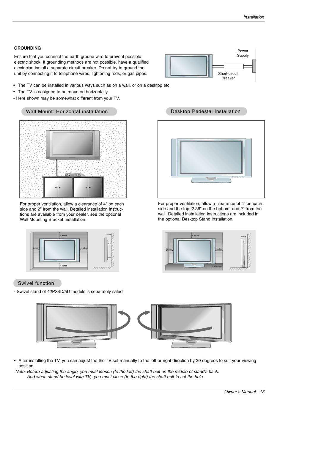 LG Electronics 42PX5D owner manual Swivel function, Grounding 