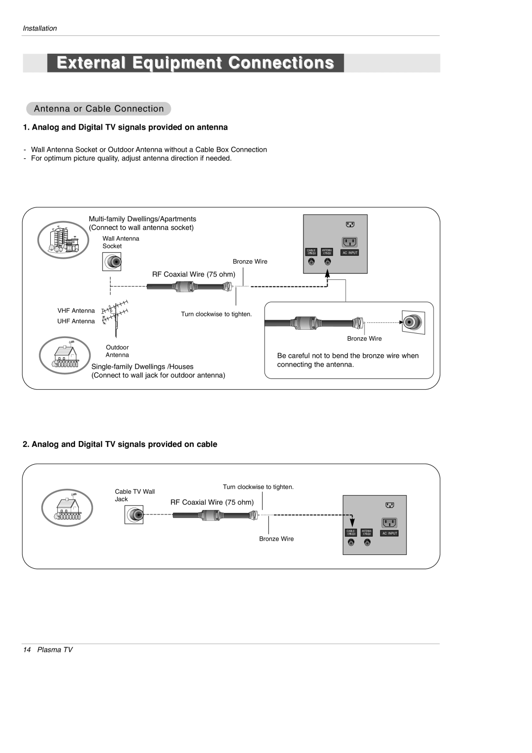 LG Electronics 42PX5D owner manual External Equipment Connections, Antenna or Cable Connection 