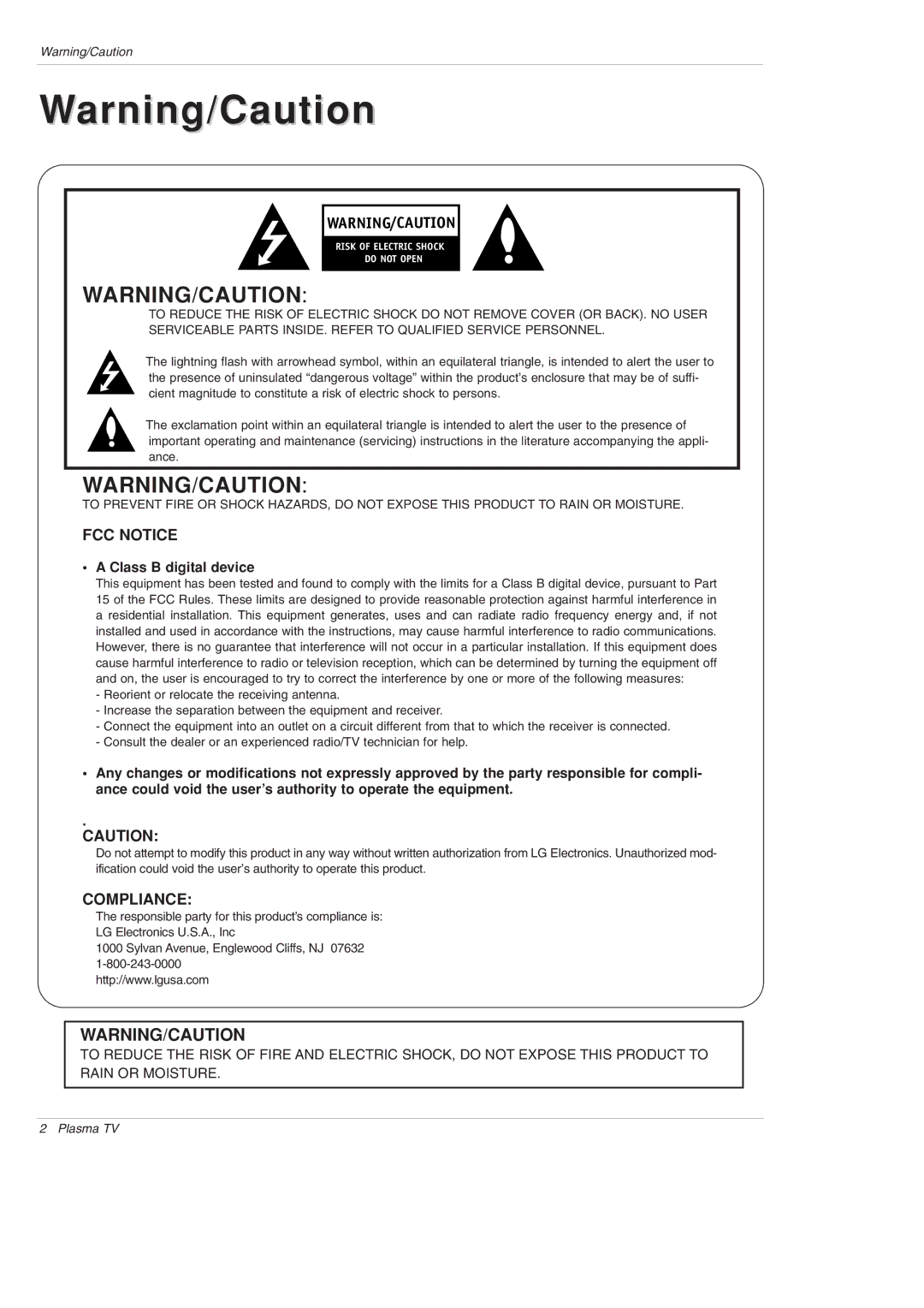 LG Electronics 42PX5D owner manual FCC Notice, Class B digital device 