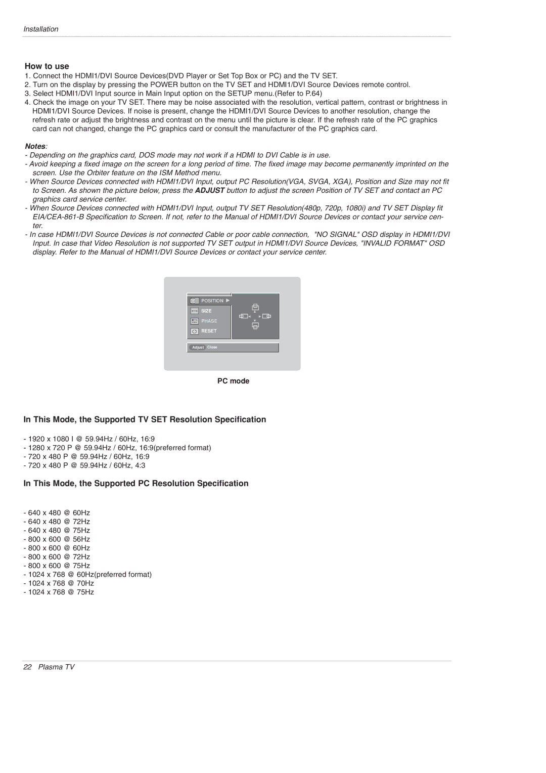 LG Electronics 42PX5D owner manual This Mode, the Supported TV SET Resolution Specification, PC mode 