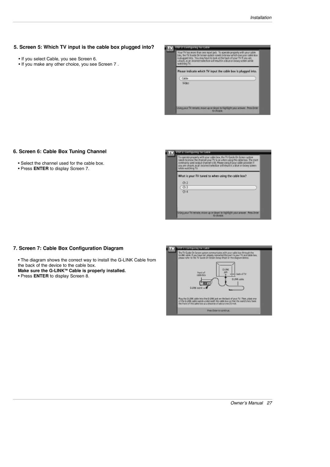 LG Electronics 42PX5D Screen 5 Which TV input is the cable box plugged into?, Screen 6 Cable Box Tuning Channel 