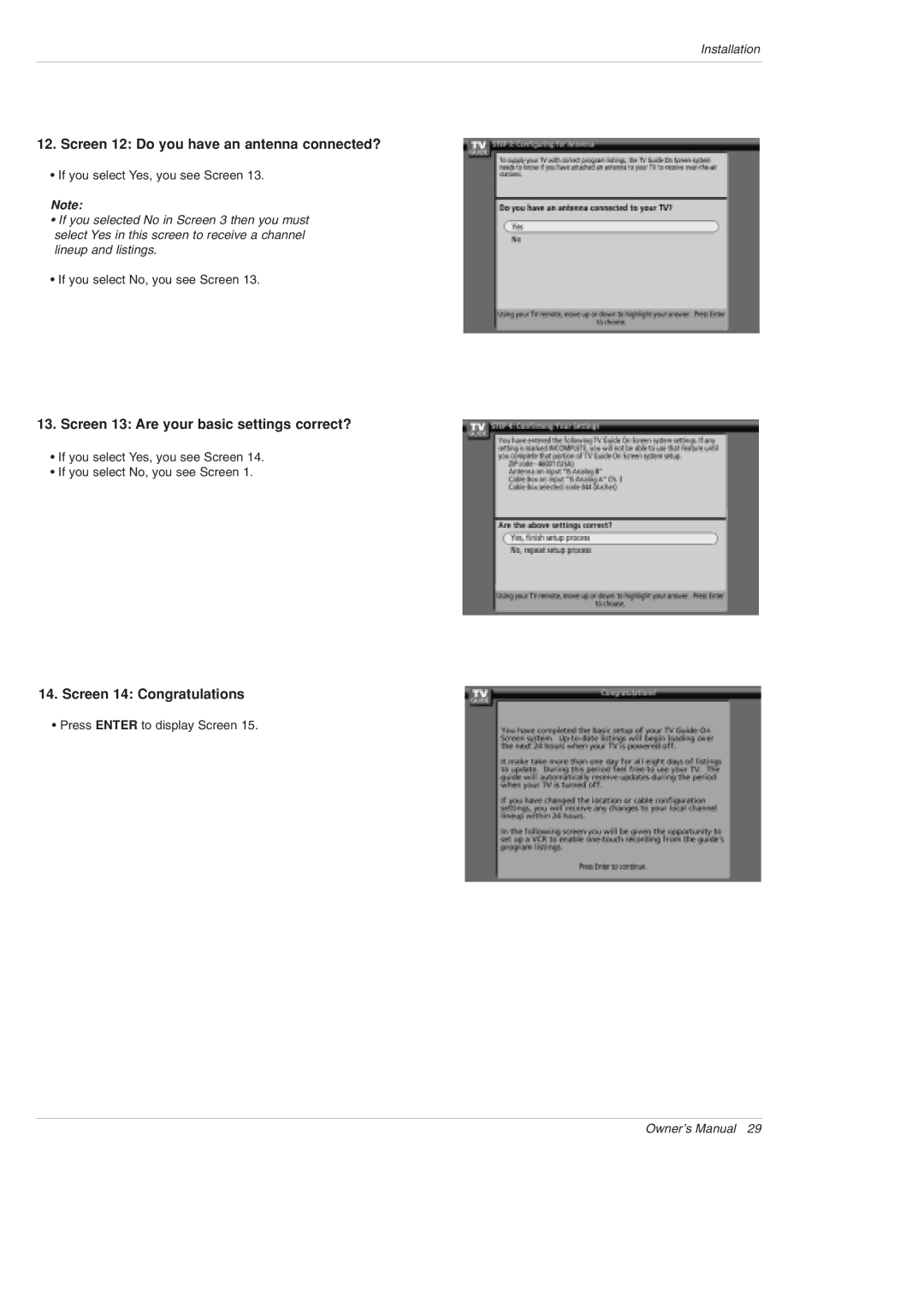 LG Electronics 42PX5D owner manual Screen 12 Do you have an antenna connected?, Screen 13 Are your basic settings correct? 